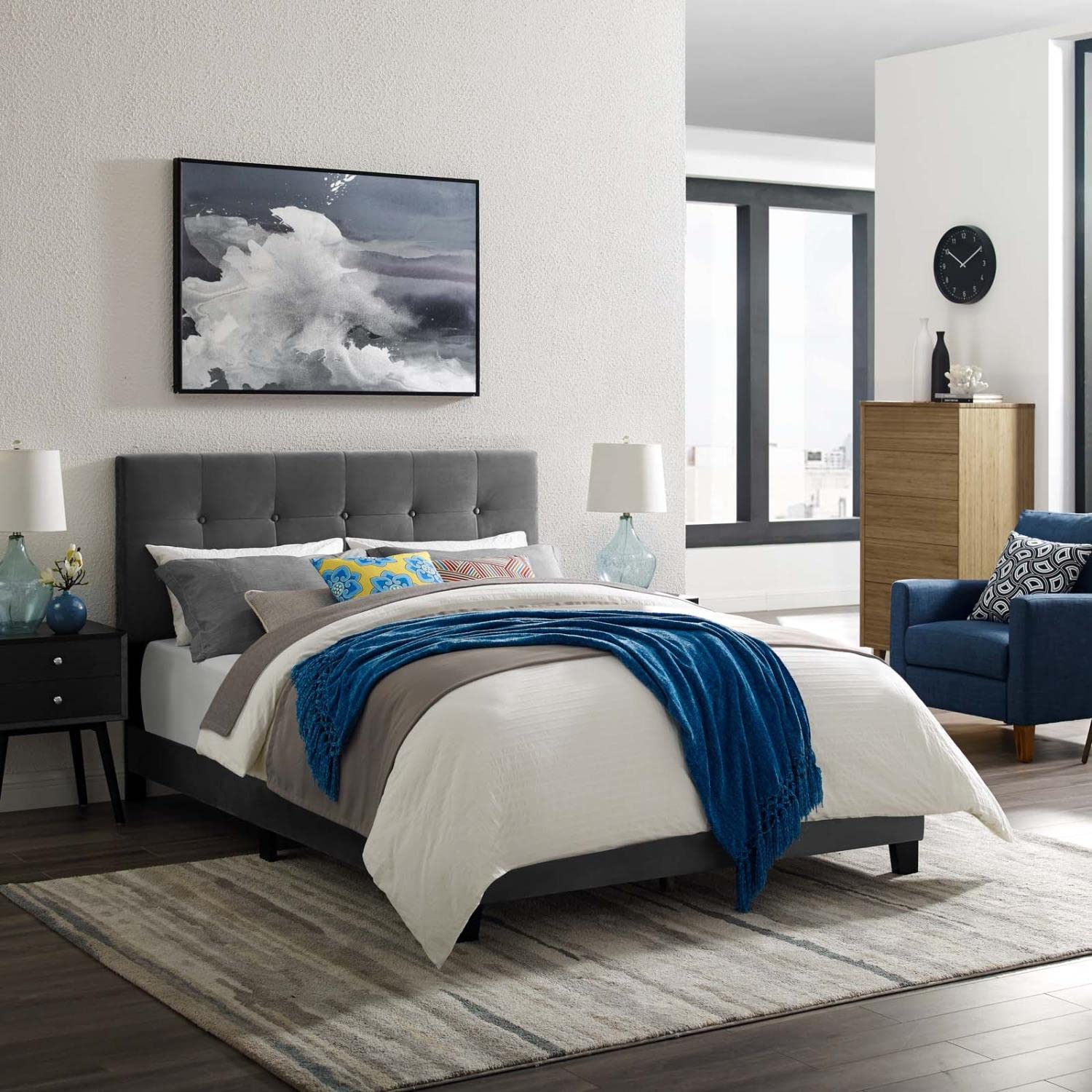 Bed | CasaFoyer Amira Performance Velvet Full Platform Bed | Stain-Resistant Upholstered Base | Button-Tufted Headboard | Wood Frame | Gray | casafoyer.myshopify.com