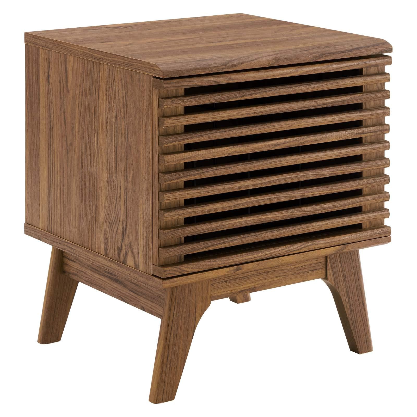 kitchen and dining room sets | CasaFoyer Render Vinyl Record Display Stand | Mid-Century Style | Walnut Grain Laminate | Ample Storage | Metal Dividers | Tapered Wood Legs | casafoyer.myshopify.com