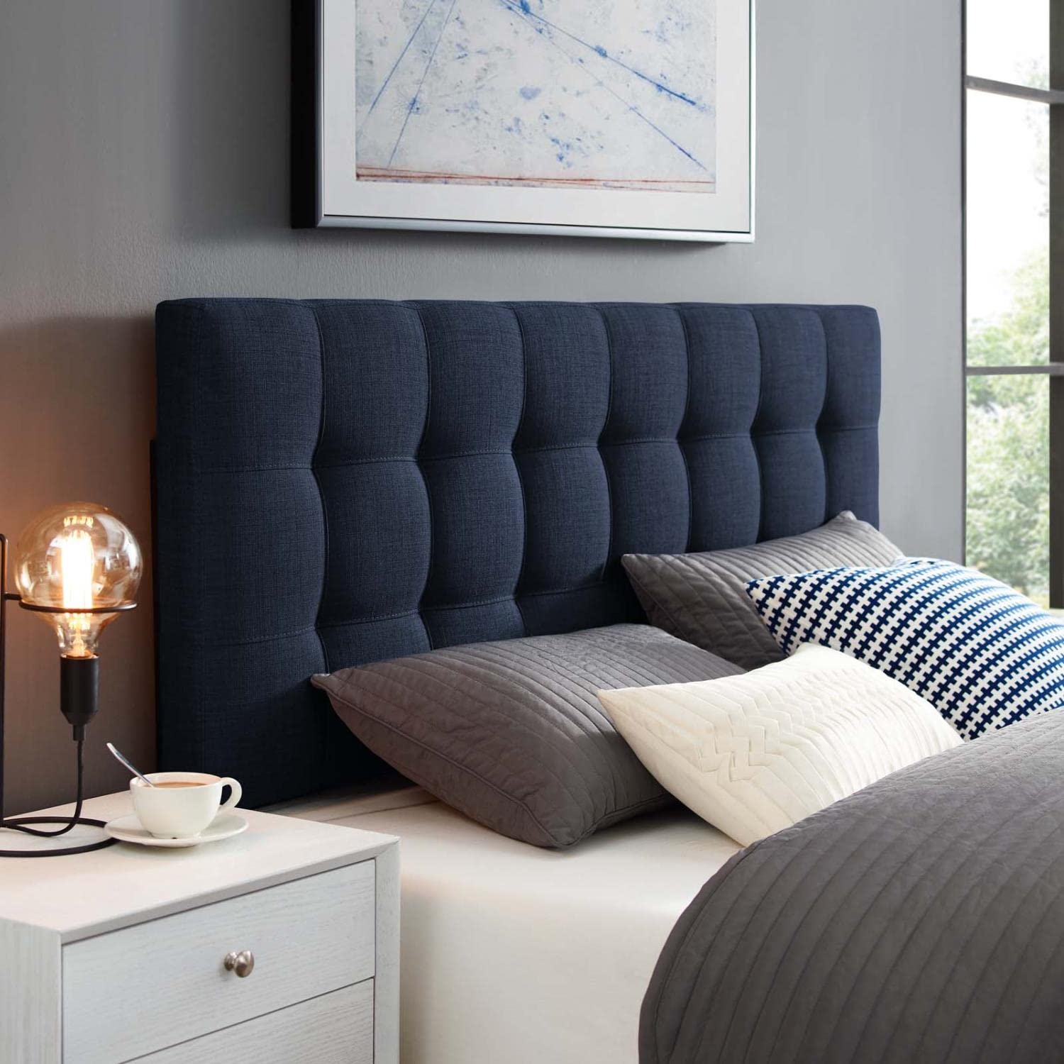 headboards | CasaFoyer  Lily King Upholstered Linen Fabric Tufted Headboard | Sophisticated & Durable | Ideal for Contemporary Bedrooms | Navy | casafoyer.myshopify.com