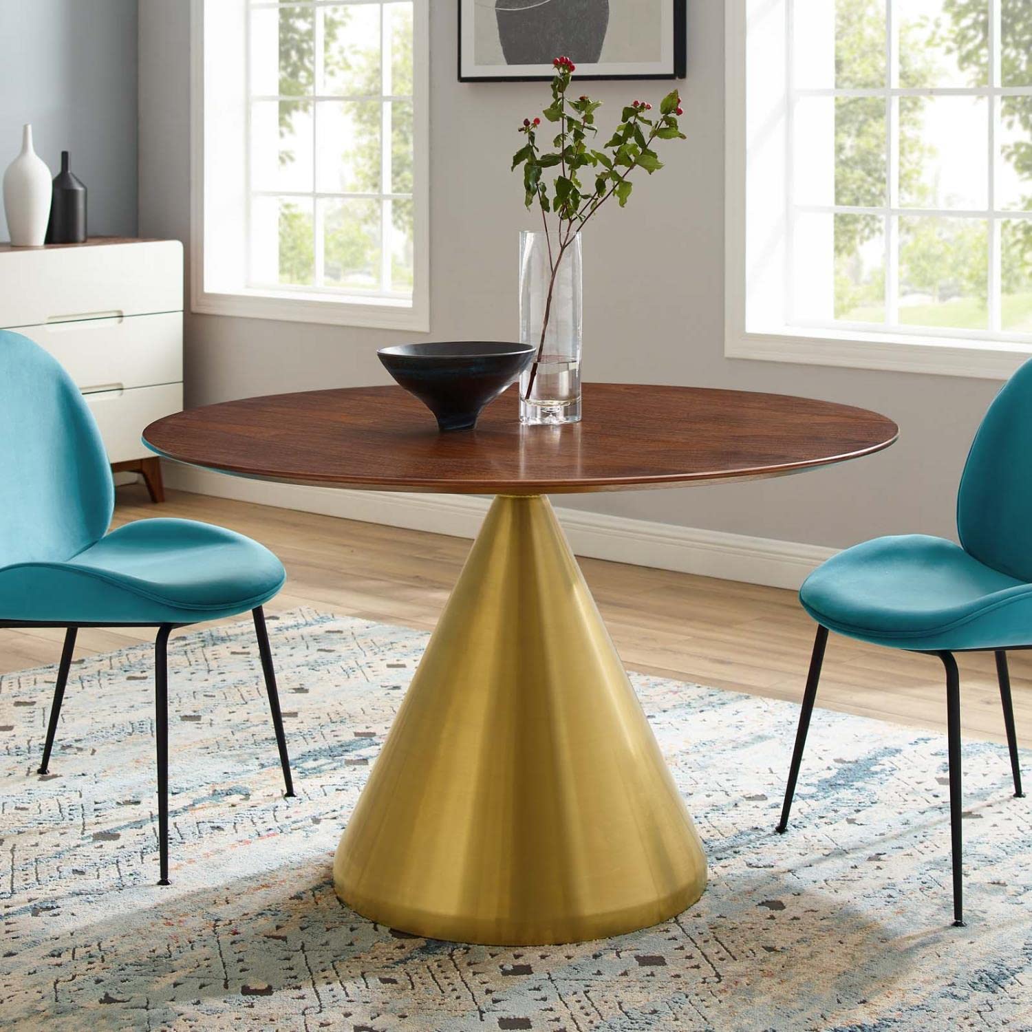 patio dining tables | CasaFoyer Tupelo 47 Dining Table | Modern Style | Mid-Century Design | Gold Metal Base | Wood Grain Veneer | Easy to Clean | Non-Marking Ring | Assembly Required | casafoyer.myshopify.com