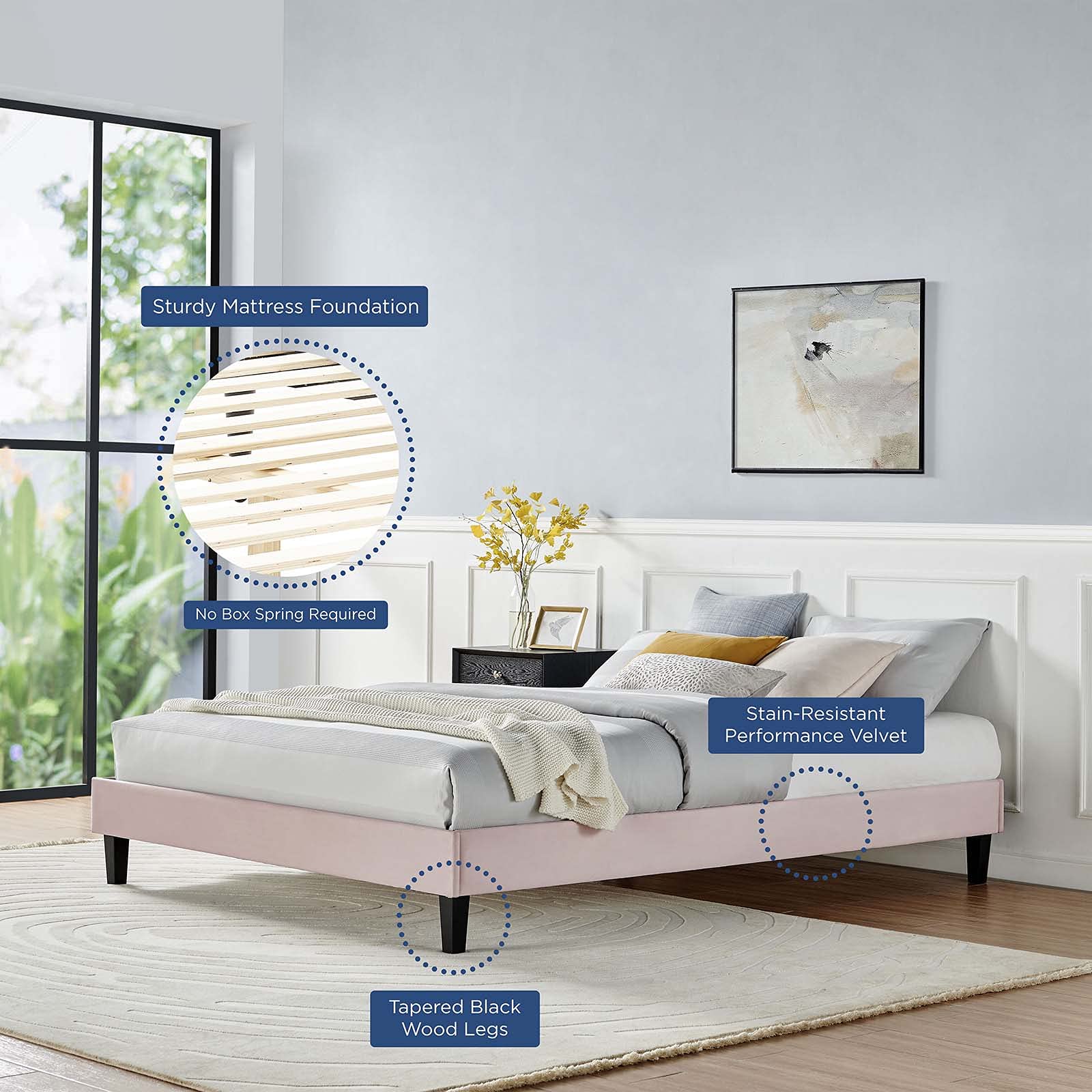 adjustable bed bases | CasaFoyer Reign Performance Velvet Queen Platform Bed Frame | Stain-Resistant | Memory Foam Compatible | Easy Assembly | Pink | casafoyer.myshopify.com