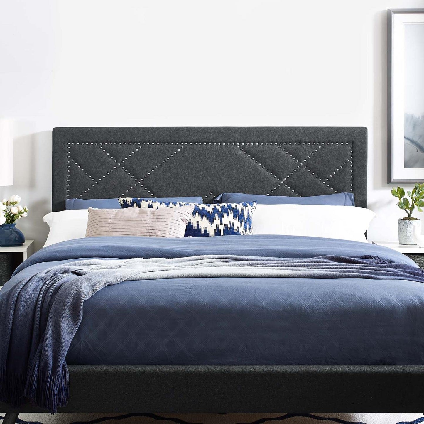 headboards | CasaFoyer Reese Nailhead Full/Queen Headboard | Modern Elegant Design | Adjustable Height | Sturdy Frame | Gray Linen Fabric | casafoyer.myshopify.com
