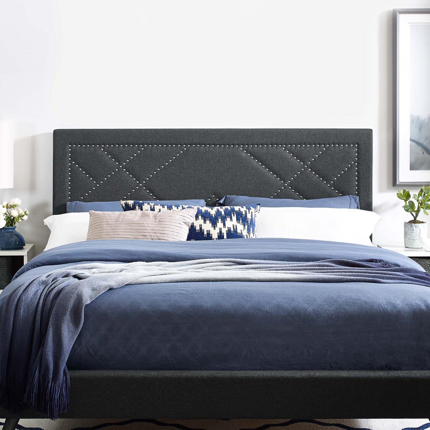 headboards | CasaFoyer Reese Nailhead Full/Queen Headboard | Modern Elegant Design | Adjustable Height | Sturdy Frame | Gray Linen Fabric | casafoyer.myshopify.com