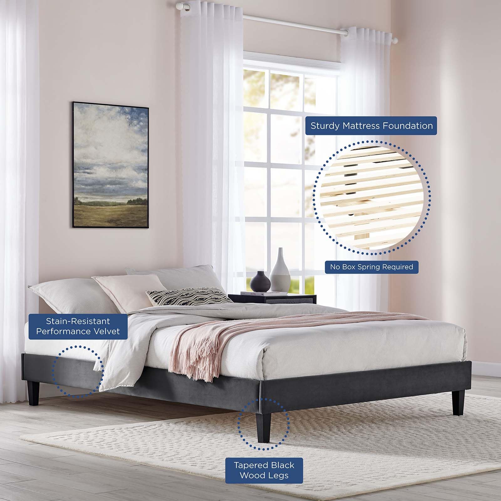 adjustable bed bases | CasaFoyer Reign King Performance Velvet Platform Bed Frame | Elegant Stain-Resistant Velvet | Sturdy Design | No Box Spring Needed | Supports Memory Foam, Latex, Innerspring, Hybrid Mattresses | Easy Assembly | 800 lb Weight Capacity | Charcoal | casafoyer.myshopify.com