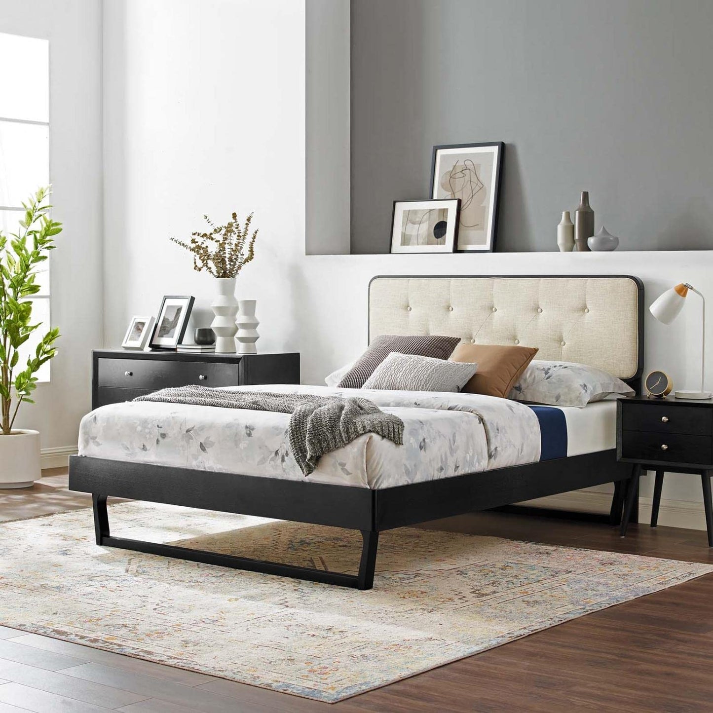 bed frames | CasaFoyer Bridgette Tufted Wood King Platform Bed | Modern Retro Style | Button Tufted Headboard | Sturdy Wood Frame | No Box Spring Needed | Easy Assembly | Black Beige | casafoyer.myshopify.com