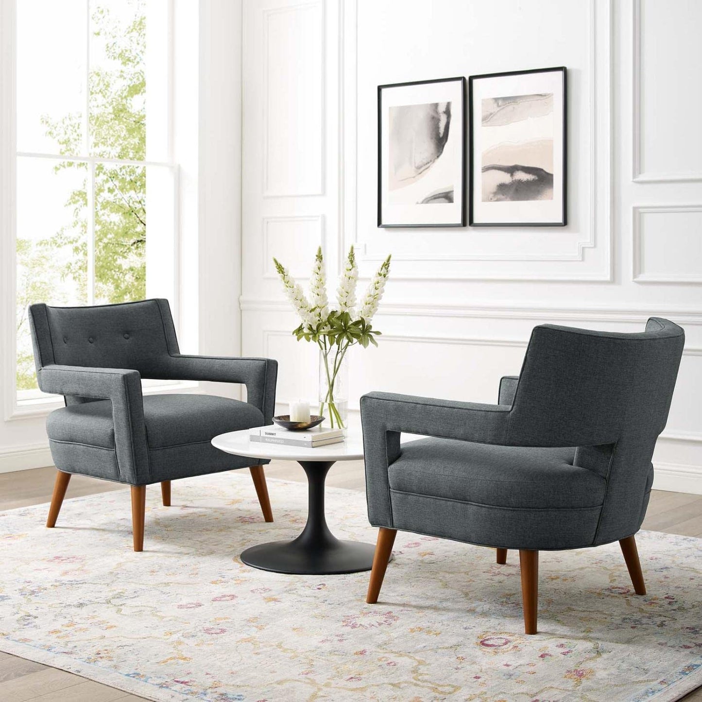 home office desk chairs | CasaFoyer Sheer Armchair Set of 2 | Mid-Century Modern Design | Soft Polyester Upholstery | Button Tufting | Cherry-Stained Wood Legs | 440 lbs Capacity | casafoyer.myshopify.com
