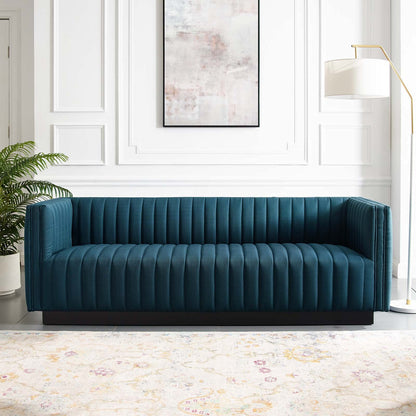 sofas | CasaFoyer Magnetic Cachet | Conjure Channel Tufted Fabric Sofa | Luxurious Glam Deco Style | Retro Modern Charm | Premium Seating | Matte Black Wooden Base | casafoyer.myshopify.com