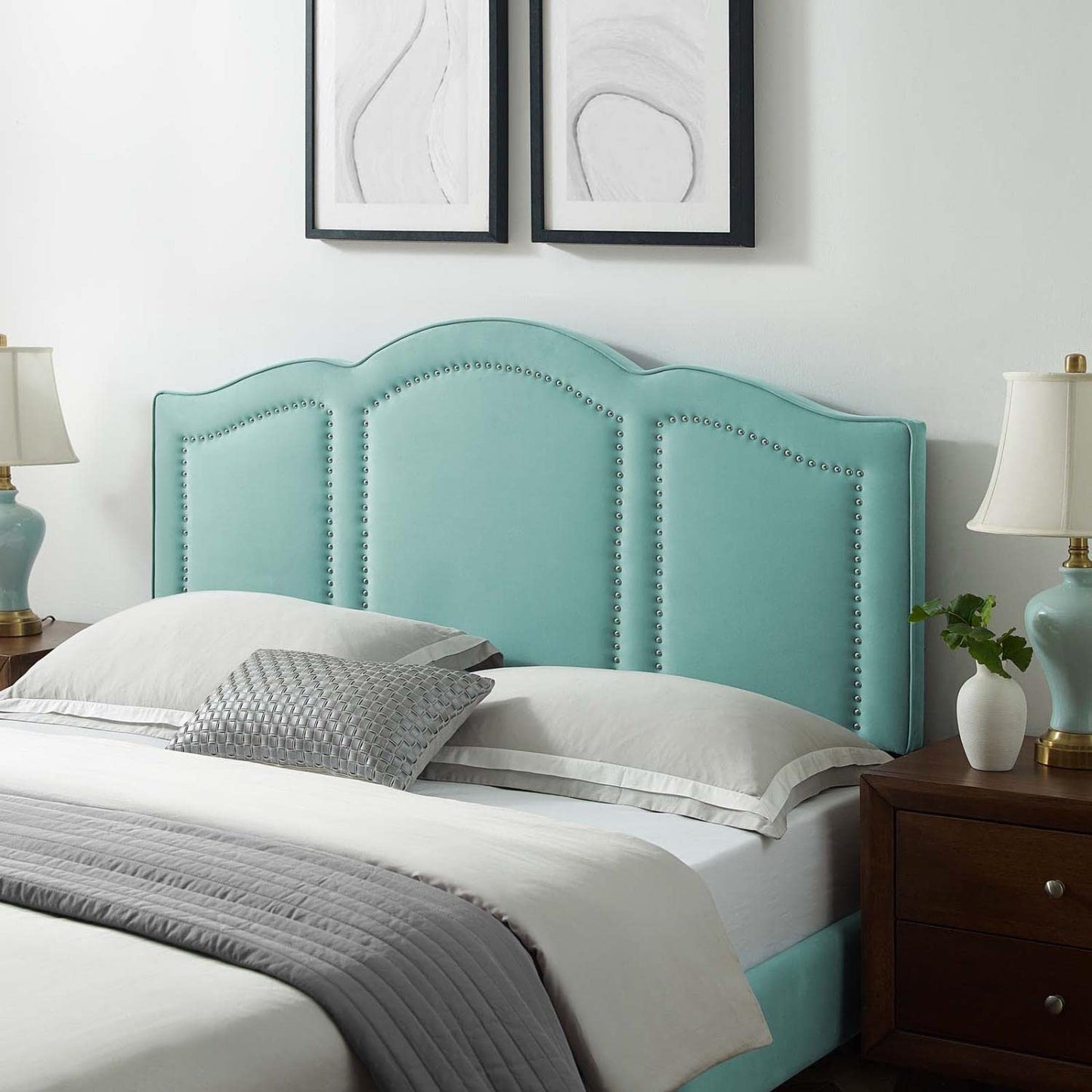 headboards | CasaFoyer Cecilia Performance Velvet King/California King Headboard | Luxurious Glam Deco Style | Nailhead Trim & Arched Window Designs | Stain-Resistant Upholstery | Comfortable Foam Padding | Height-Adjustable | Assembly Required | casafoyer.myshopify.com