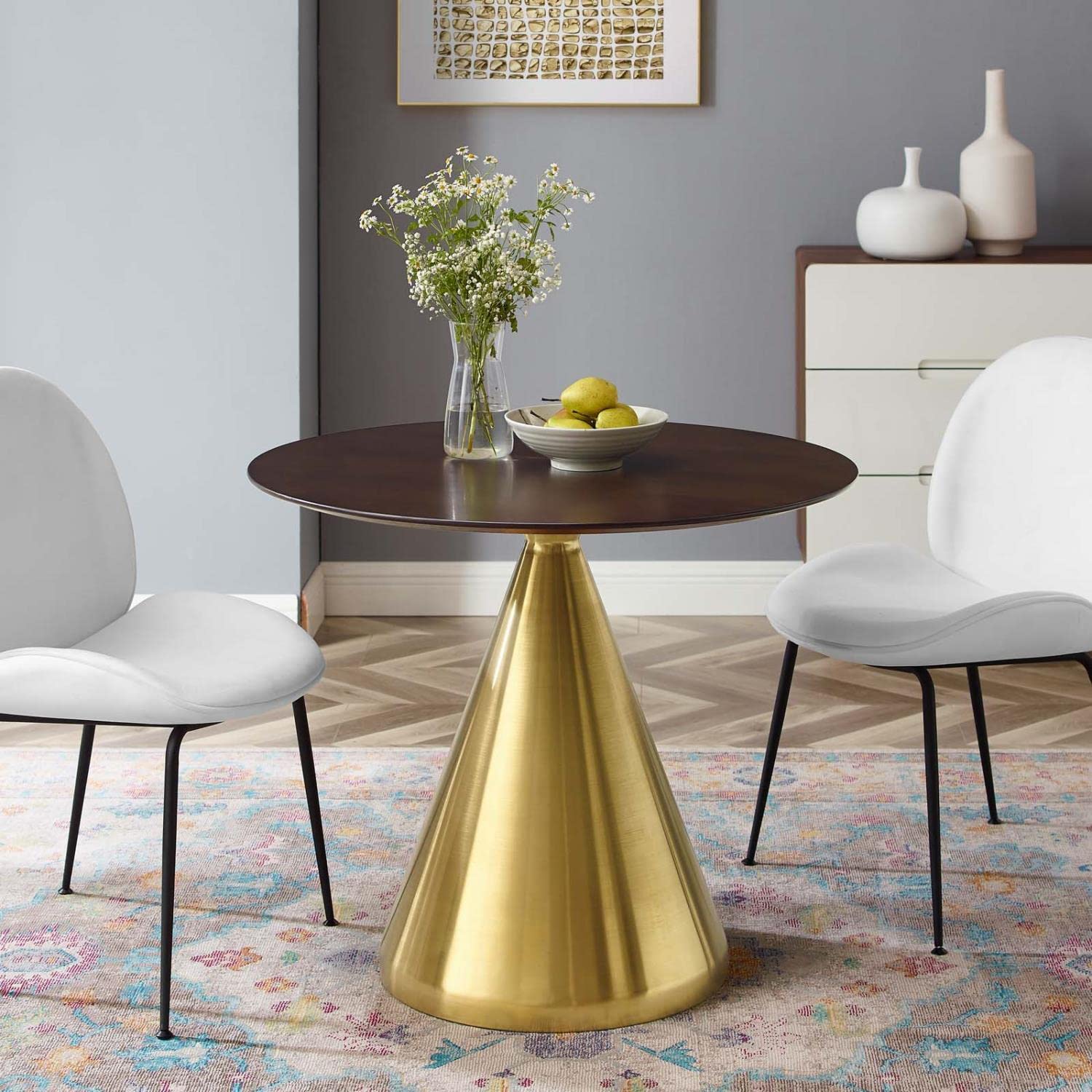 patio dining tables | CasaFoyer Tupelo 36 Dining Table | Modern Style | Mid-Century Charm | Organic Shape | Polished Gold Metal Base | MDF & Wood Grain Veneer | Non-Marking Ring | casafoyer.myshopify.com