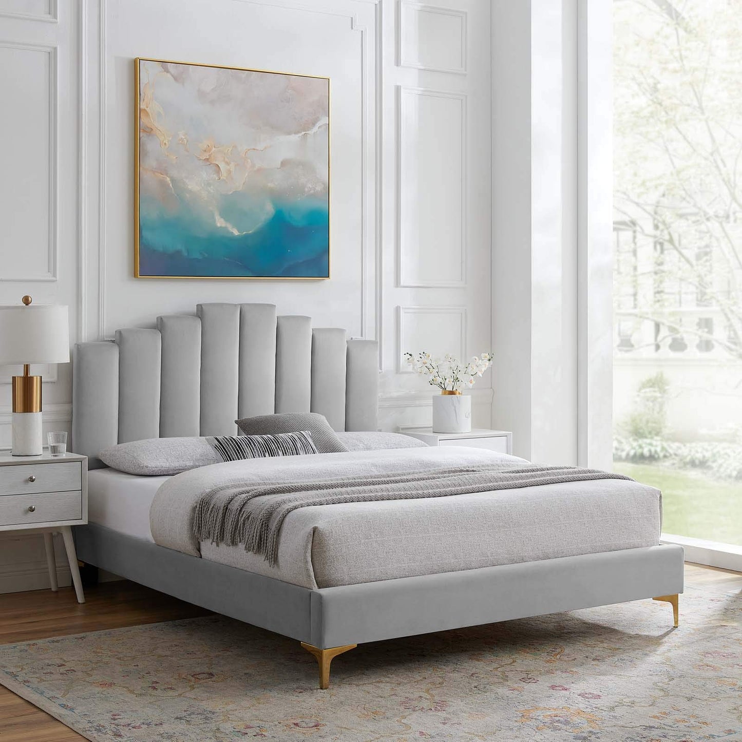 adjustable bed bases | CasaFoyer Elise Performance Velvet King Platform Bed | Glamorous Art Deco Style | Stain-Resistant | Gold Metal Legs | Memory Foam Compatible | Durable Poplar Wood Slat Support System | casafoyer.myshopify.com