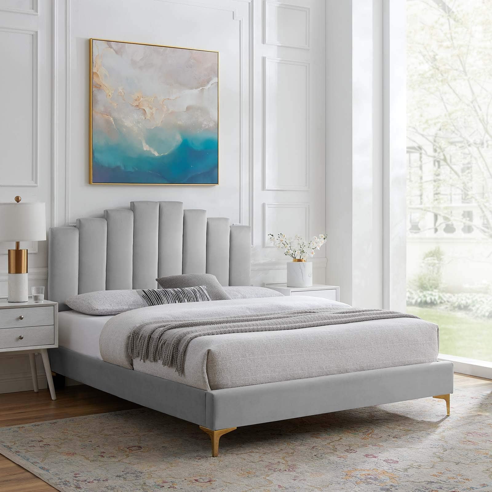 adjustable bed bases | CasaFoyer Elise Performance Velvet King Platform Bed | Glamorous Art Deco Style | Stain-Resistant | Gold Metal Legs | Memory Foam Compatible | Durable Poplar Wood Slat Support System | casafoyer.myshopify.com