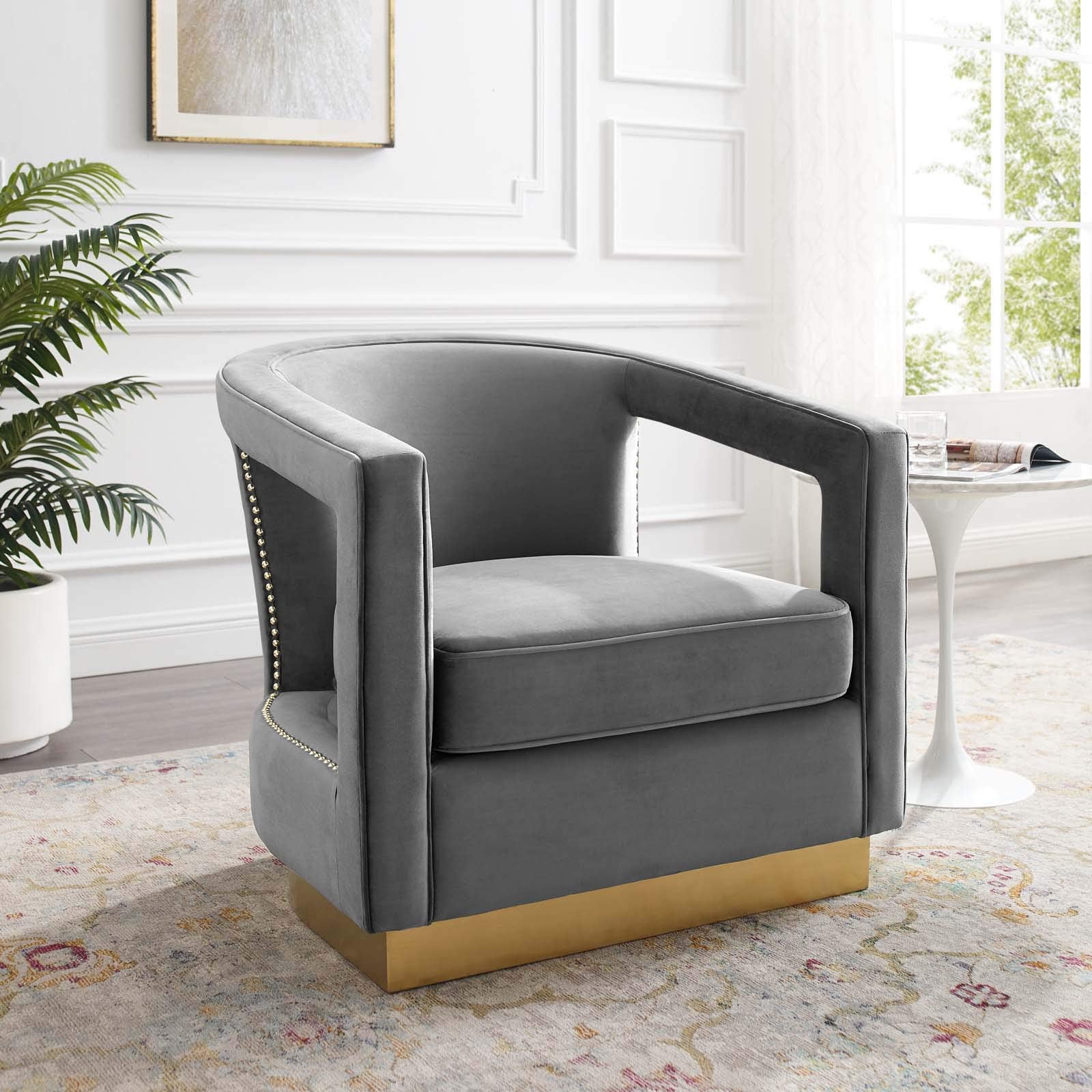 home office desk chairs | CasaFoyer Frolick Performance Velvet Accent Lounge Armchair | Stain-Resistant Upholstery | Gold Nailhead Trim | Matte Gold Base | Supports up to 300 lbs | casafoyer.myshopify.com