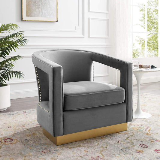 home office desk chairs | CasaFoyer Frolick Performance Velvet Accent Lounge Armchair | Stain-Resistant Upholstery | Gold Nailhead Trim | Matte Gold Base | Supports up to 300 lbs | casafoyer.myshopify.com