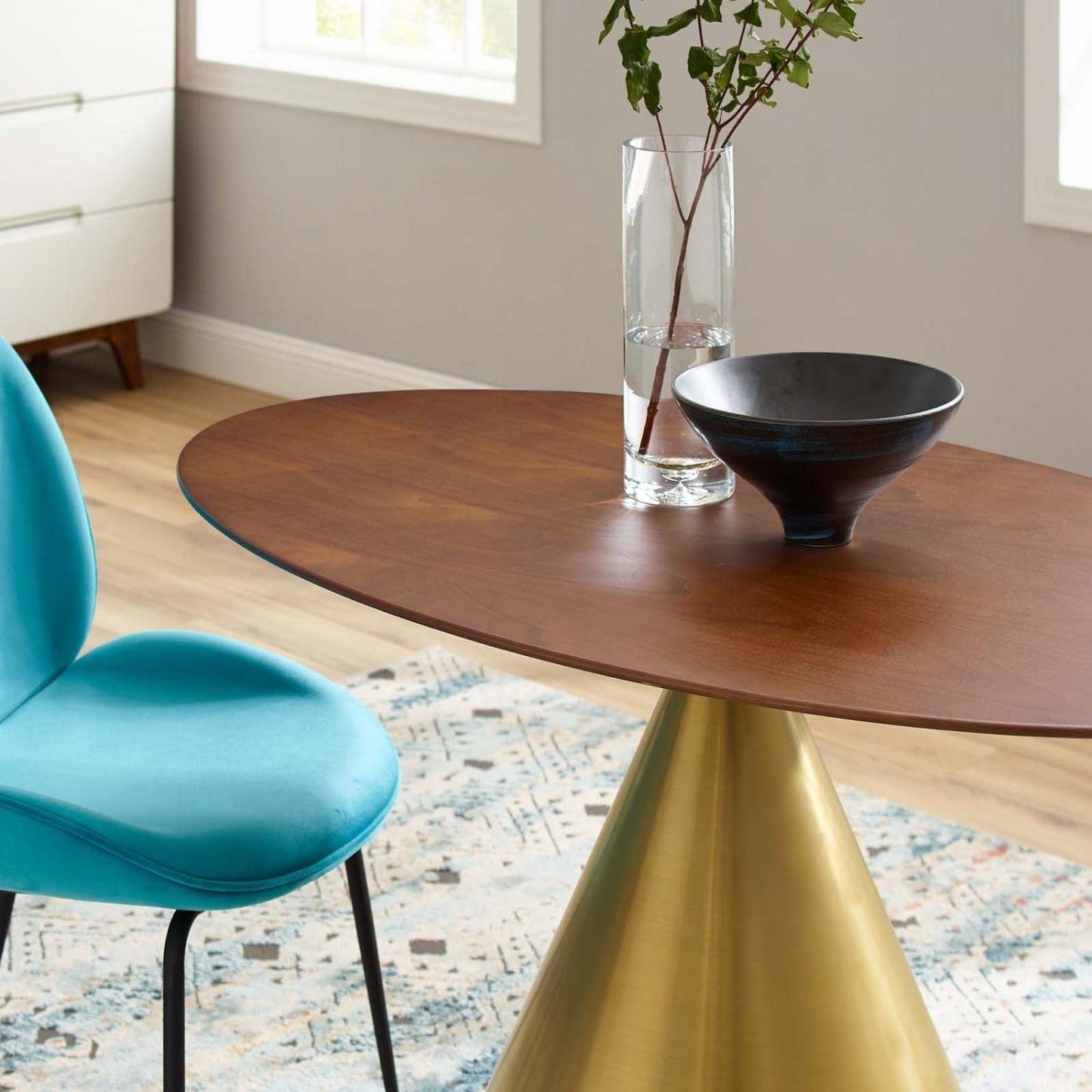patio dining tables | CasaFoyer Tupelo 48 Dining Table | Modern Style | Mid-Century Influence | Polished Gold Metal Base | MDF Tabletop with Wood Grain Veneer | Non-Marking Ring | Easy to Clean | Assembly Required | casafoyer.myshopify.com