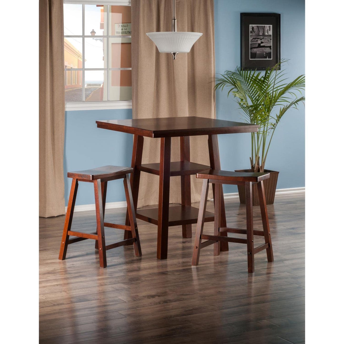 childrens table and chair sets | CasaFoyer Orlando High Table & Saddle Seat Stool Set | Rustic Design | Solid Wood | Walnut Finish | 2 Shelves | Space-Saving | Ideal for Dining & Kitchen | casafoyer.myshopify.com