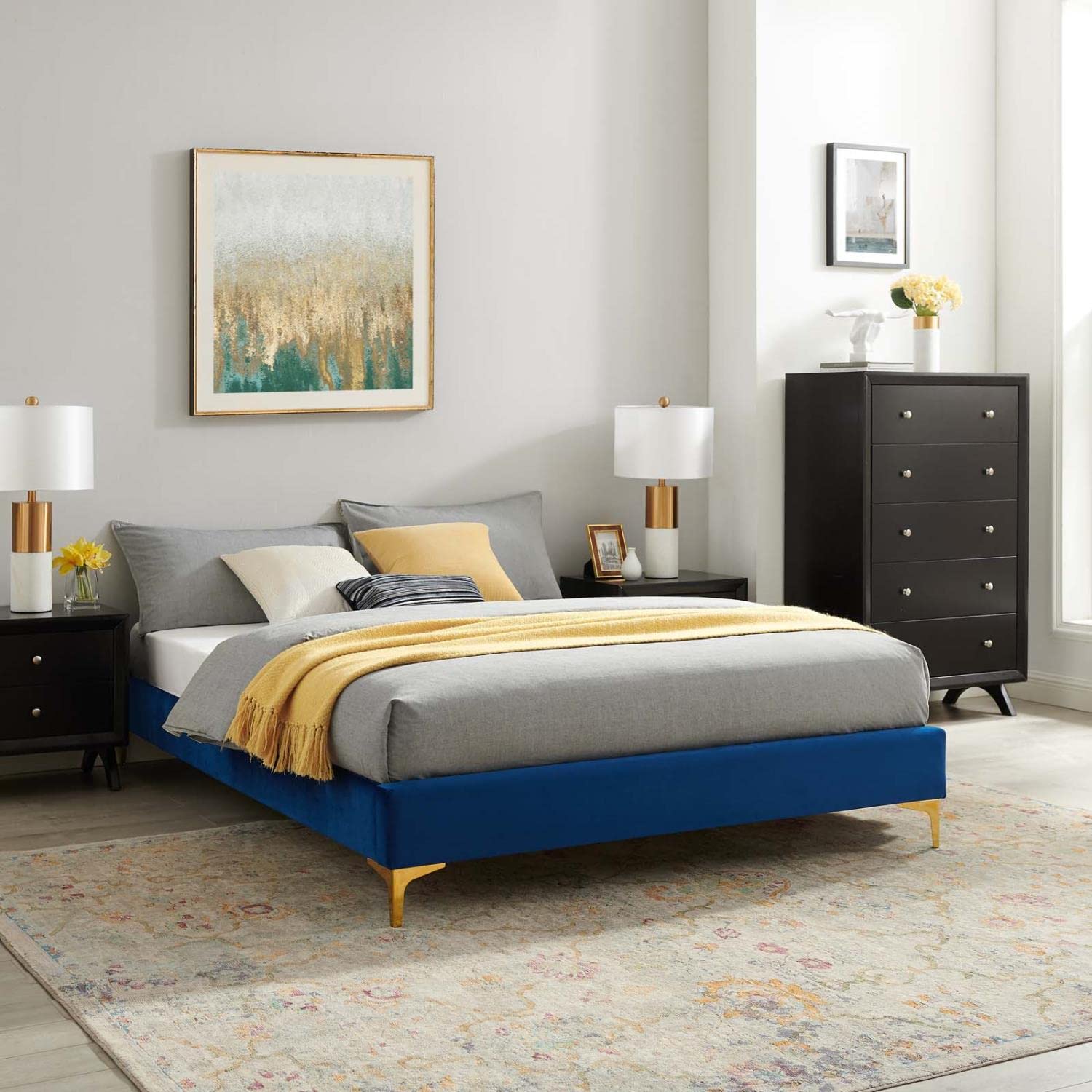 bed frames | CasaFoyer Sutton Performance Velvet King Bed Frame | Stain-Resistant | Durable | Supports Memory Foam, Innerspring, Latex, and Hybrid Mattresses | No Box Spring Needed | Gold Metal Legs | 1600 lbs Weight Capacity | Assembly Required | Navy | casafoyer.myshopify.com