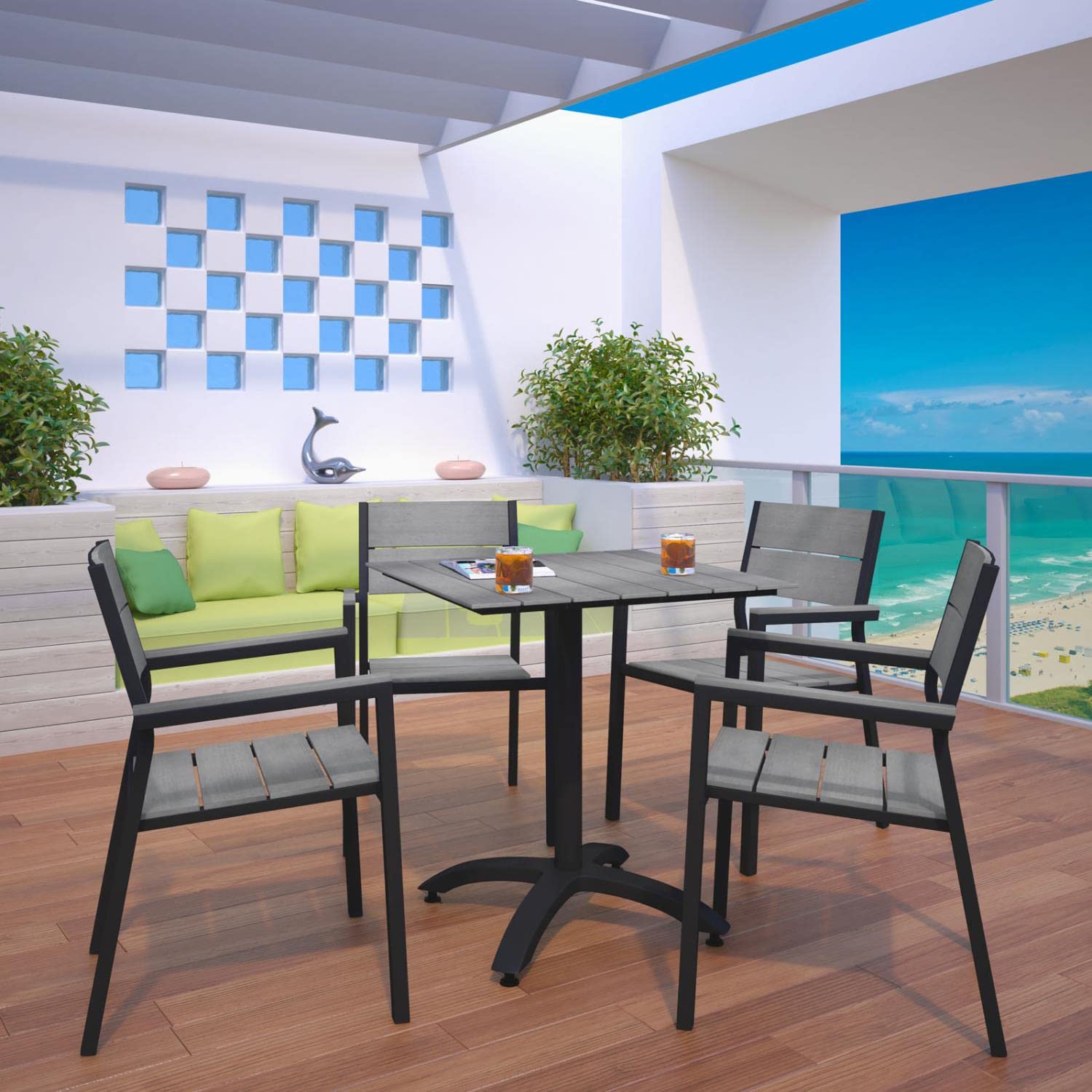 Dining Table | Maine Outdoor Patio Dining Furniture Collection | Synthetic Wood Grain Plank Boards | Aluminum Frame | Contemporary Outdoor Dining | 4 Armchairs + 1 Dining Table | casafoyer.myshopify.com