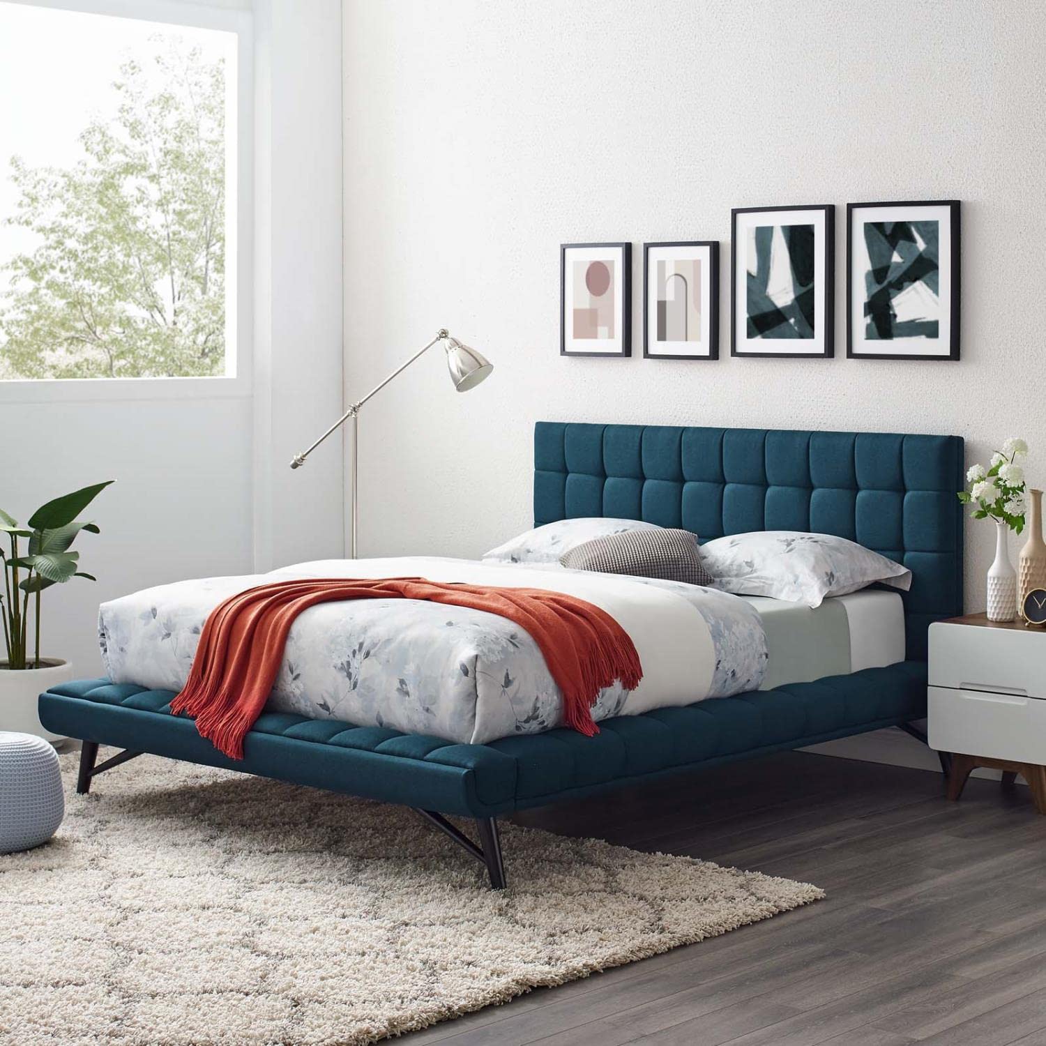 Bed | CasaFoyer Julia Queen Platform Bed | Mid-Century Elegance | Biscuit Tufted | Polyester Upholstery | Sturdy Frame | Wood Legs | Comfortable Foam Padding | No Box Spring Needed | Blue | casafoyer.myshopify.com
