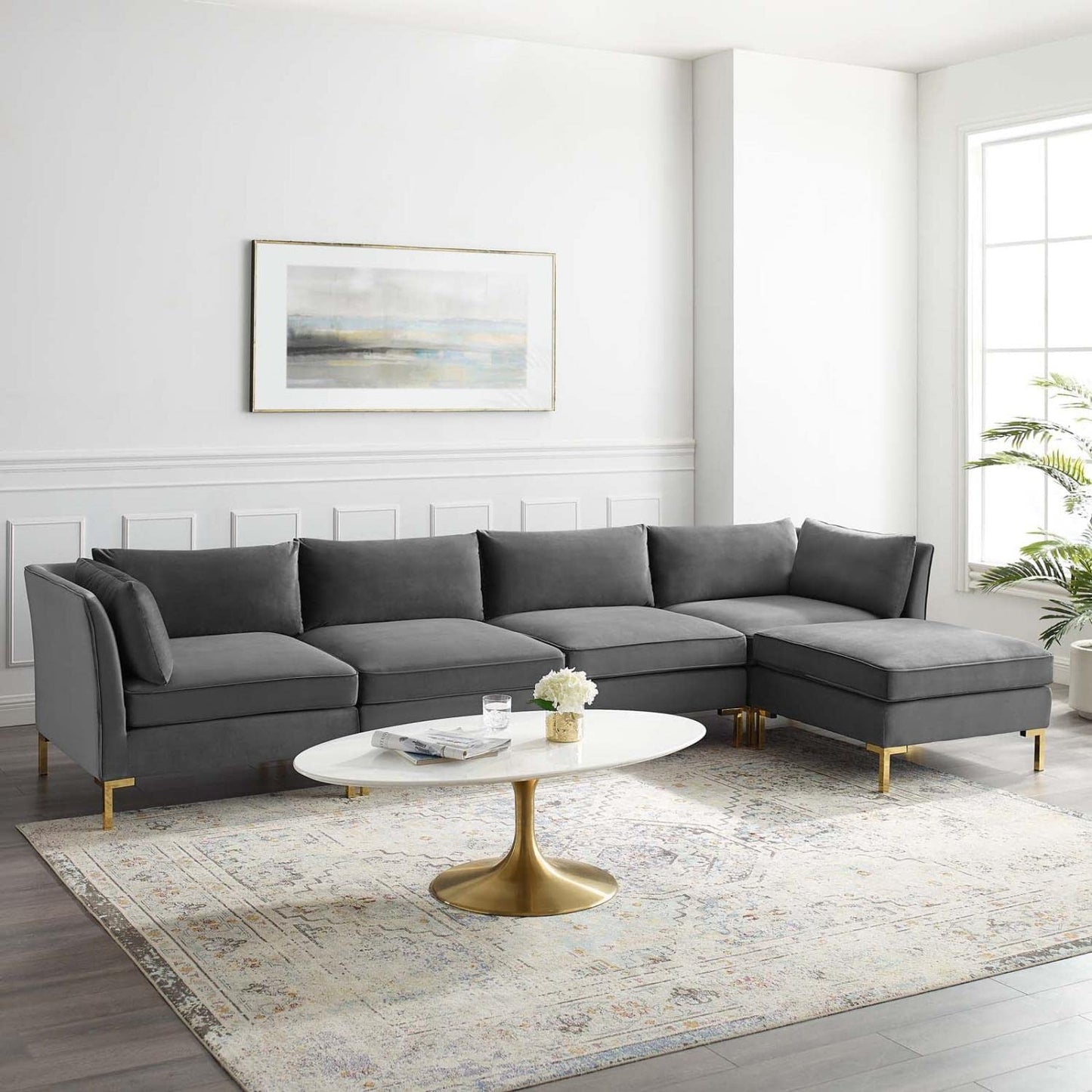 kitchen and dining room sets | CasaFoyer Ardent Performance Velvet 5-Piece Sectional Sofa | Vintage Modern Glam Deco Style | Stain-Resistant Velvet | French Piping | Gold Metal Legs | Versatile Configurations | Ultimate Comfort | Gray | casafoyer.myshopify.com