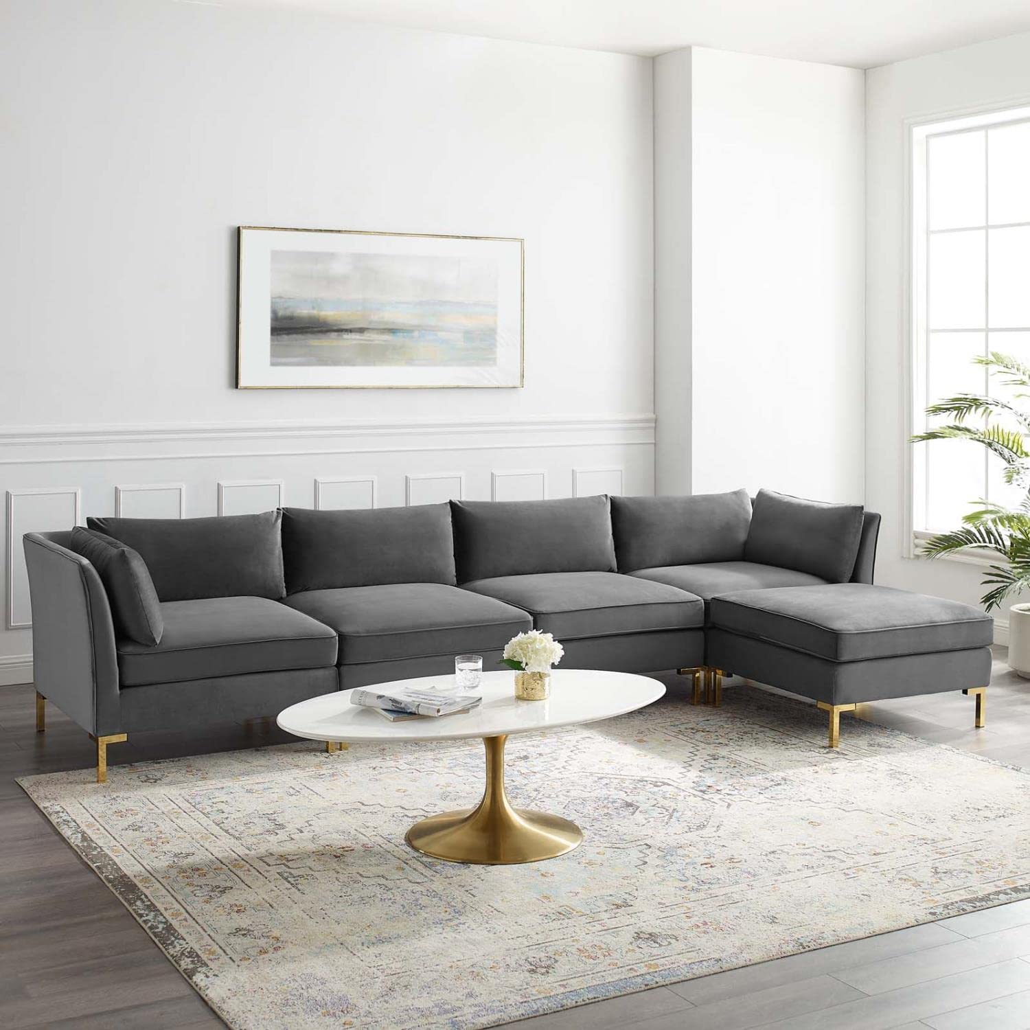 kitchen and dining room sets | CasaFoyer Ardent Performance Velvet 5-Piece Sectional Sofa | Vintage Modern Glam Deco Style | Stain-Resistant Velvet | French Piping | Gold Metal Legs | Versatile Configurations | Ultimate Comfort | Gray | casafoyer.myshopify.com