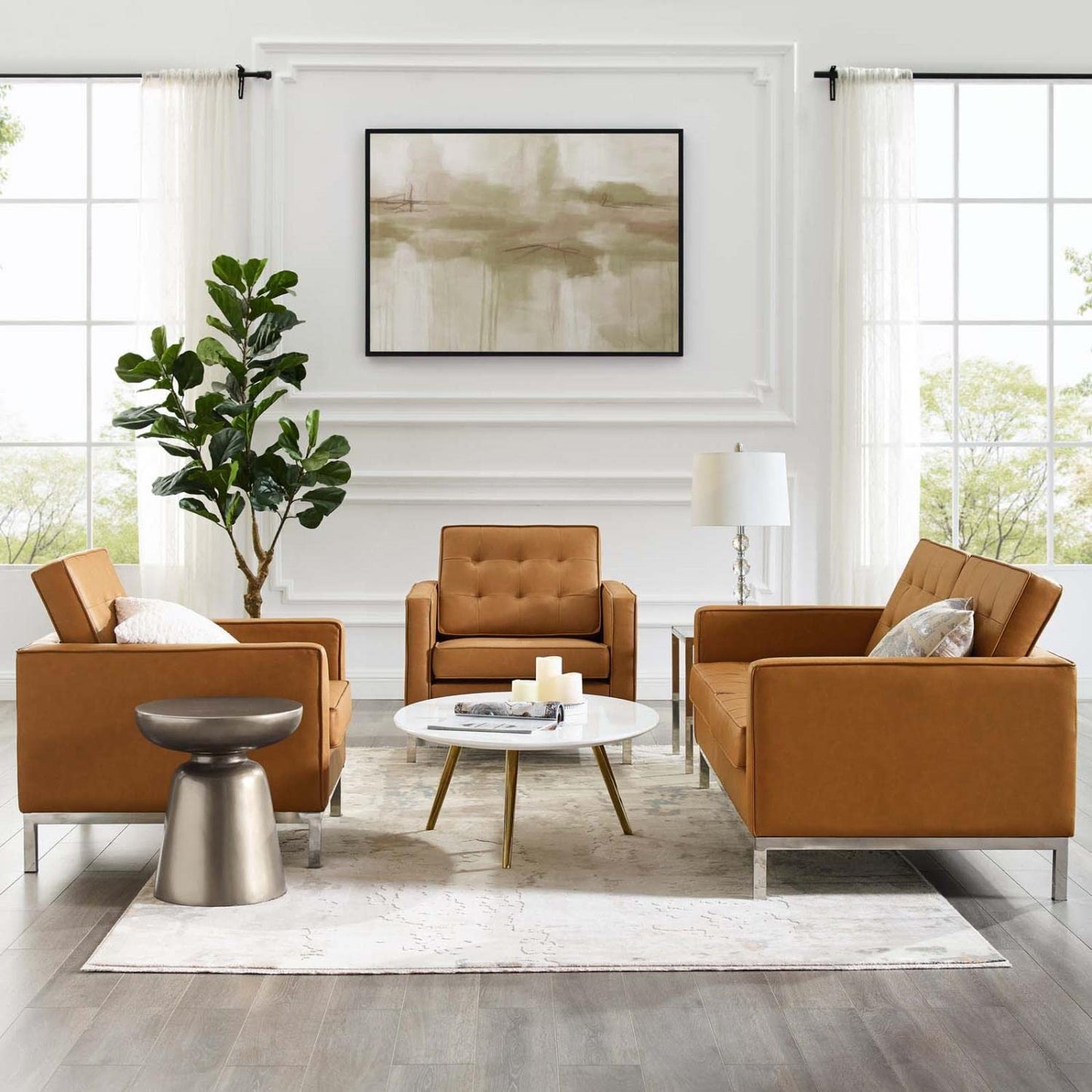 kitchen and dining room sets | CasaFoyer Timeless Loft Tufted Faux Leather Loveseat & 2 Armchair Set | Plush Upholstery, Button Tufting, Stainless Steel Frame | Chic Mid-Century Modern Style | casafoyer.myshopify.com