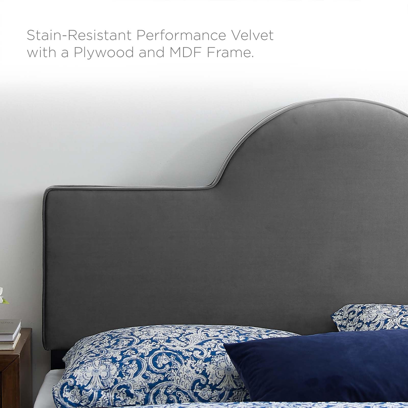 Bed | CasaFoyer Dawn Performance Velvet King/California King Headboard | Vibrant Sunrise Design | Stain-Resistant Luxury Upholstery | Comfortable Cushioning | Adjustable Height | Charcoal | casafoyer.myshopify.com