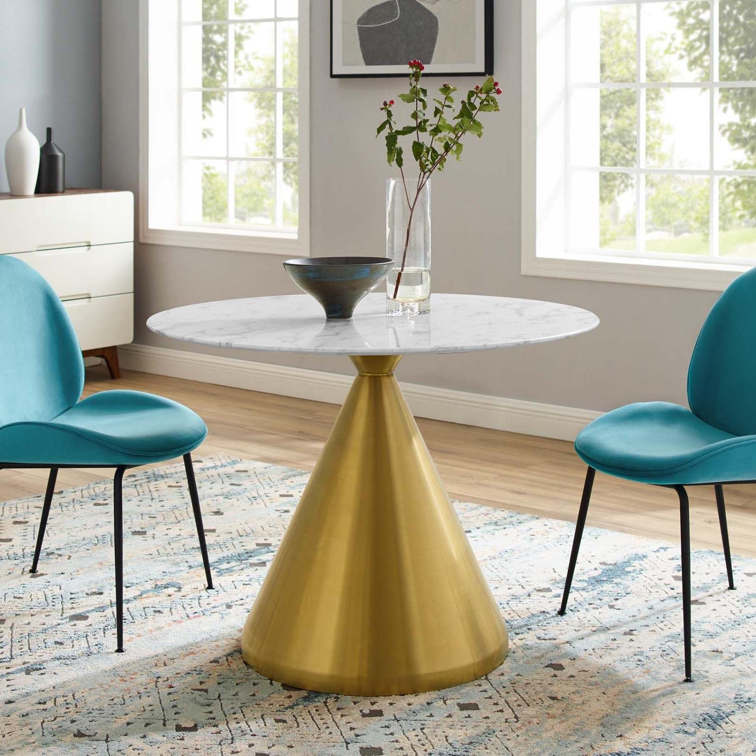 patio dining tables | CasaFoyer Tupelo 40 Dining Table | Modern Style | Mid-Century Flair | Polished Gold Metal Base | Artificial Marble Top | Easy to Clean | Non-Marking Ring | casafoyer.myshopify.com
