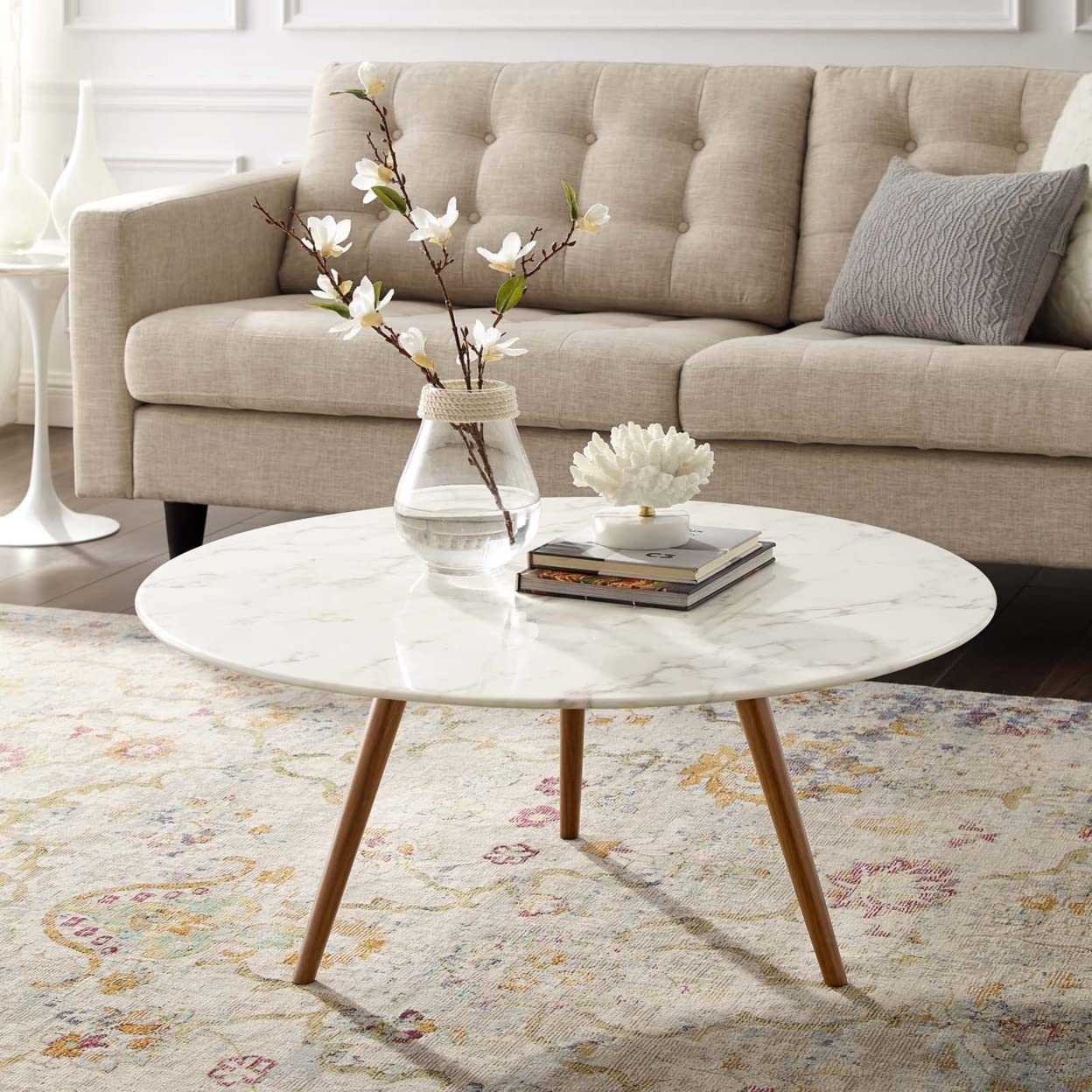coffee tables | Ergode Lippa 36 Round Walnut Veneer Coffee Table | Timeless Design | Scratch-Resistant Finish | Tripod Base | Ideal for Living Room, Lounge, or Home Office | casafoyer.myshopify.com