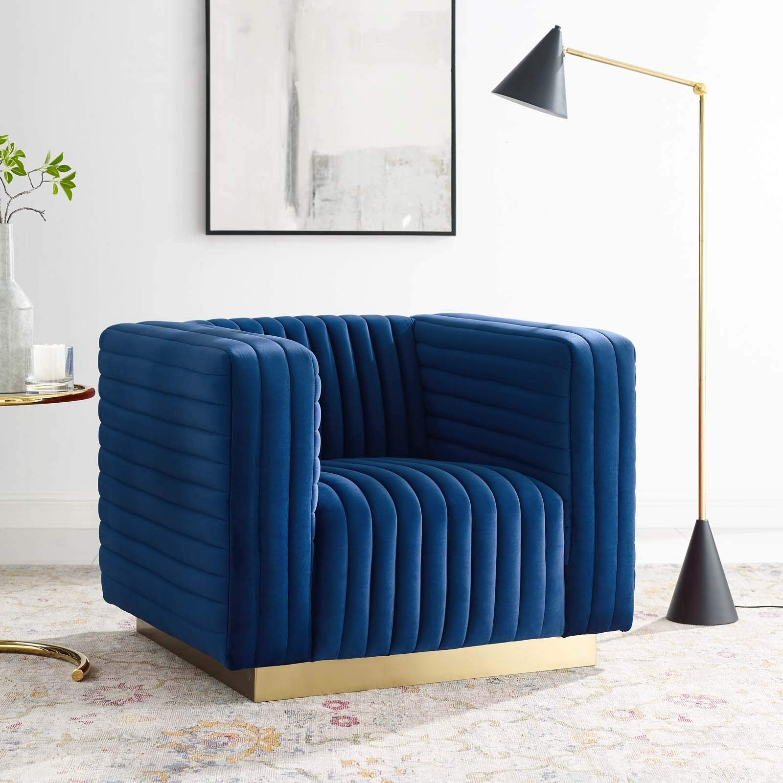 home office desk chairs | CasaFoyer Charisma Channel Tufted Performance Velvet Lounge Accent Armchair | Glamorous Deco Design | Stain-Resistant Fabric | Foam Padding | Gold Stainless Steel Base | casafoyer.myshopify.com