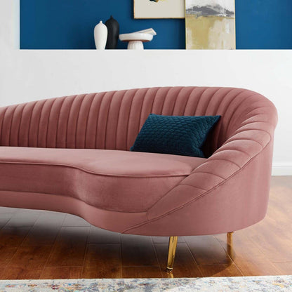 sofas | CasaFoyer Camber Channel Tufted Performance Velvet Sofa | Retro Modern Style | Luxurious & Glamorous | Curved Back Design | Mid-Century Elegance | Dense Foam Padding | Sturdy Frame | Splayed Gold Metal Legs | Dusty Rose | casafoyer.myshopify.com