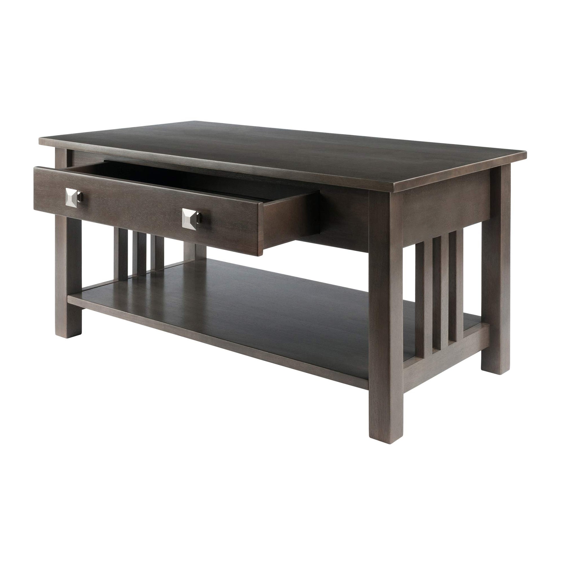 TABLE | Ergode  Wood Stafford Coffee Table | Oyster Gray Finish | Slatted Side Panels | Full-Size Drawer | Lower Shelf | Solid & Composite Wood | casafoyer.myshopify.com