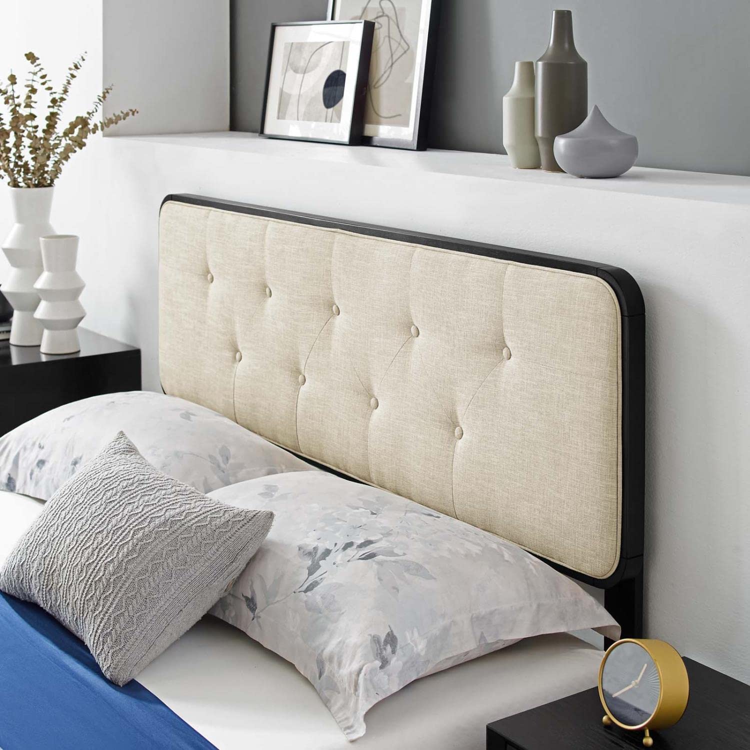 Bed | CasaFoyer Bridgette Tufted Wood Queen Platform Bed | Modern Retro Style | Durable Wood Frame | No Box Spring Needed | Easy Assembly | Black Beige | casafoyer.myshopify.com