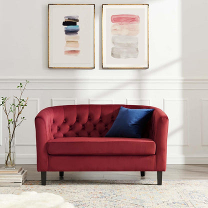 sofas | CasaFoyer Prospect Performance Velvet Loveseat | Luxury Chesterfield Design | Modern Twist | Button Tufting | Graceful Curves | Espresso Stained Wood Legs | Cozy Foam Padding | Stain-Resistant Velvet Upholstery | Maroon | casafoyer.myshopify.com
