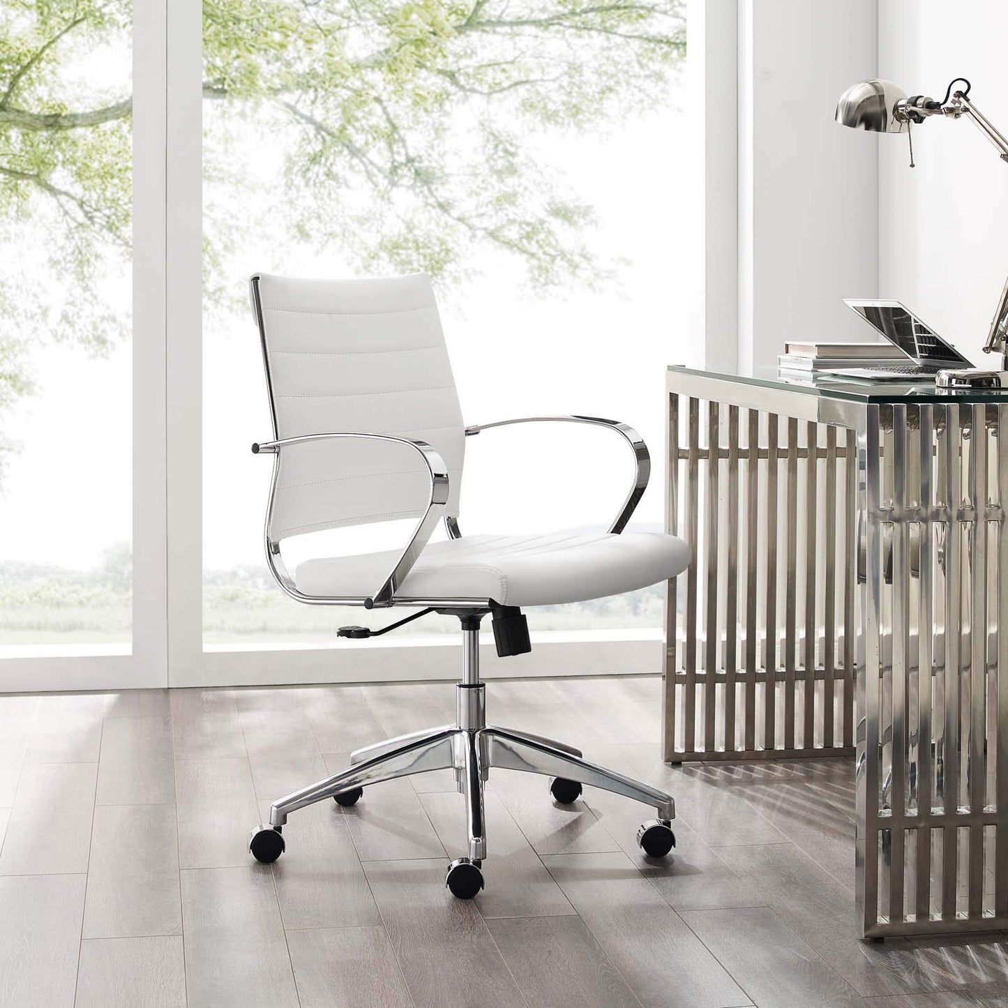 home office desk chairs | CasaFoyer Jive Mid Back Office Chair | Stylish & Comfortable | Faux Leather Back | Padded Seat Cushion | 90-Degree Wrist Angling Armrests | Chrome-Plated Aluminum Base | Dual-Wheel Casters | Perfect for Modern Offices | casafoyer.myshopify.com