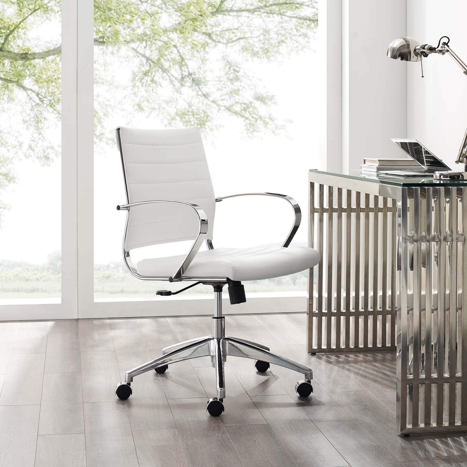 home office desk chairs | CasaFoyer Jive Mid Back Office Chair | Stylish & Comfortable | Faux Leather Back | Padded Seat Cushion | 90-Degree Wrist Angling Armrests | Chrome-Plated Aluminum Base | Dual-Wheel Casters | Perfect for Modern Offices | casafoyer.myshopify.com