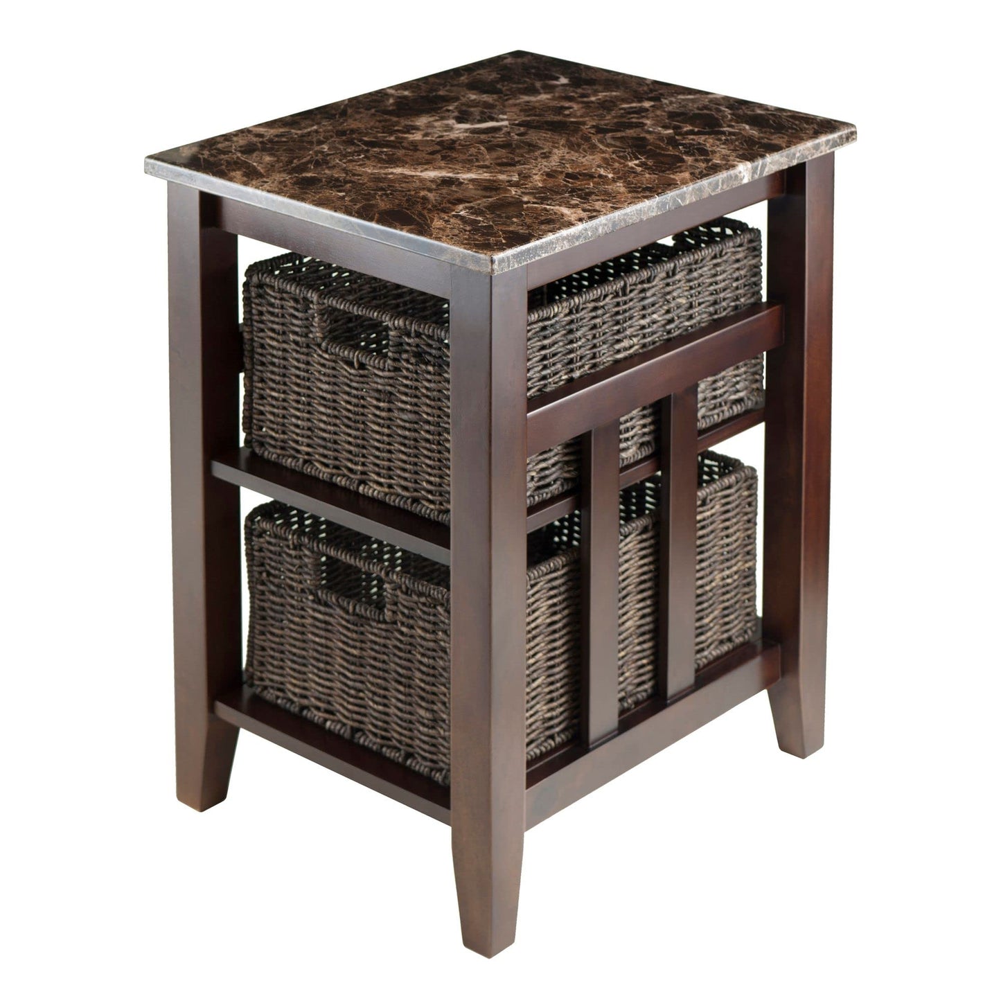 TABLE | Ergode Zoey Collection | Solid Wood Side Table | Faux Marble Top | 2 Baskets | Dark Chocolate Finish | 20W x 16.5D x 25H | casafoyer.myshopify.com