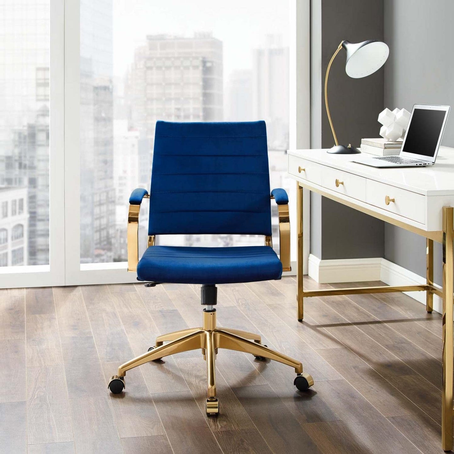 home office desk chairs | CasaFoyer Jive Mid Back Office Chair | Stylish & Functional | Ribbed Velvet Back | Stain-Resistant | Padded Armrests | Chrome-Plated Base | Easy Mobility | Tension Knob & Tilt Lock | Modern Design | casafoyer.myshopify.com
