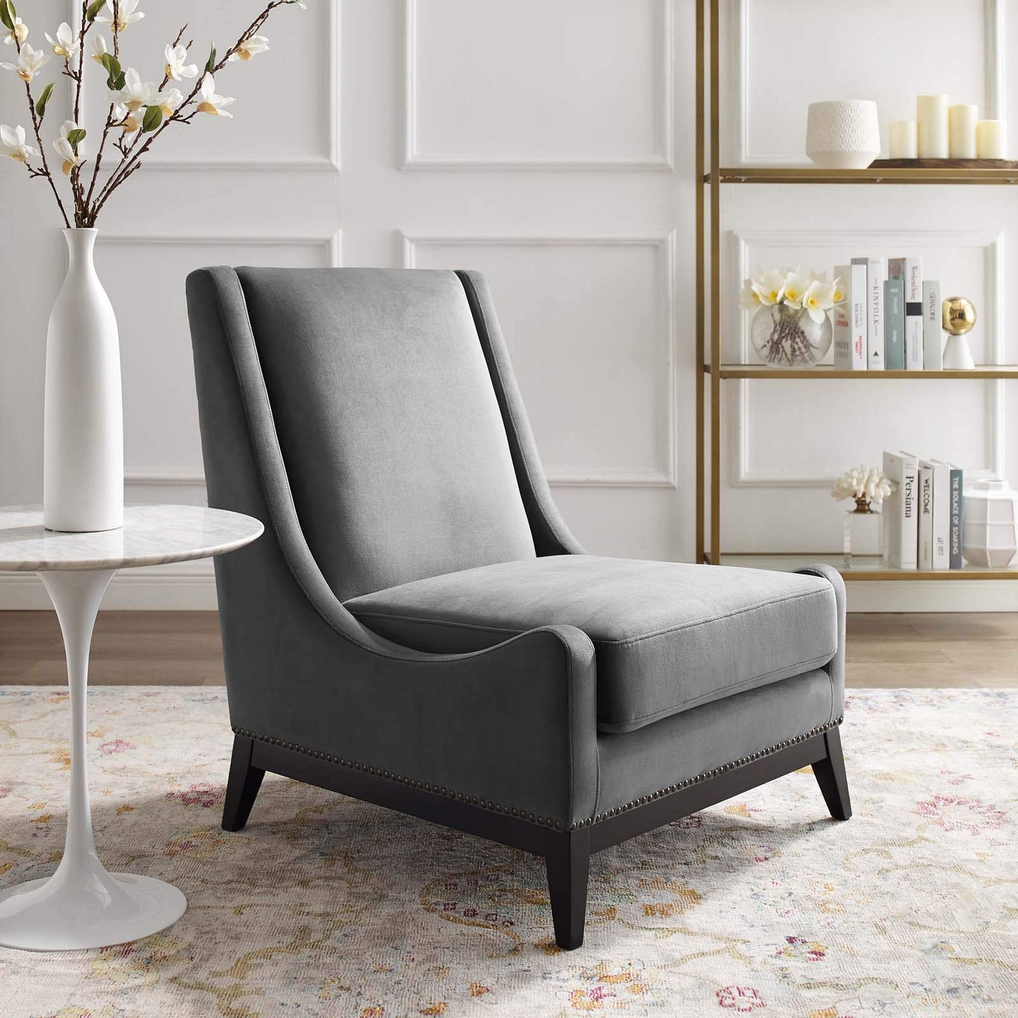 home office desk chairs | CasaFoyer Confident Accent Lounge Chair | Luxurious Plush Velvet | Nailhead Trim | Sturdy Rubberwood Frame | Removable Seat Cushion | Gray | casafoyer.myshopify.com