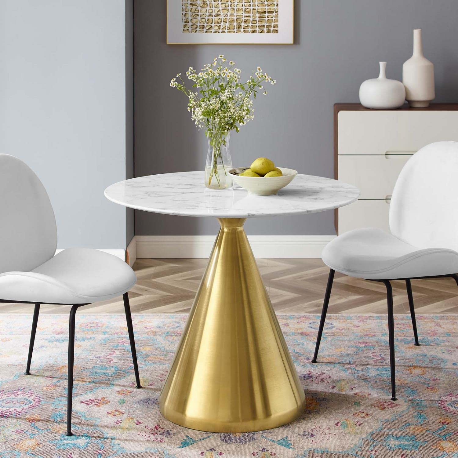 patio dining tables | CasaFoyer Tupelo 36 Dining Table | Modern Style | Mid-Century Charm | Polished Gold Base | Artificial Marble Top | Easy to Clean | Non-Marking Ring | casafoyer.myshopify.com
