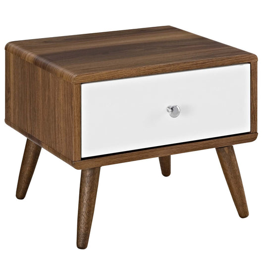 TABLE | CasaFoyer  Transmit Nightstand | Mid-Century Design | White Lacquer Drawer | Ample Storage | Walnut Grain Finish | Tapered Wood Legs | Bedroom/Living Room Essential | casafoyer.myshopify.com