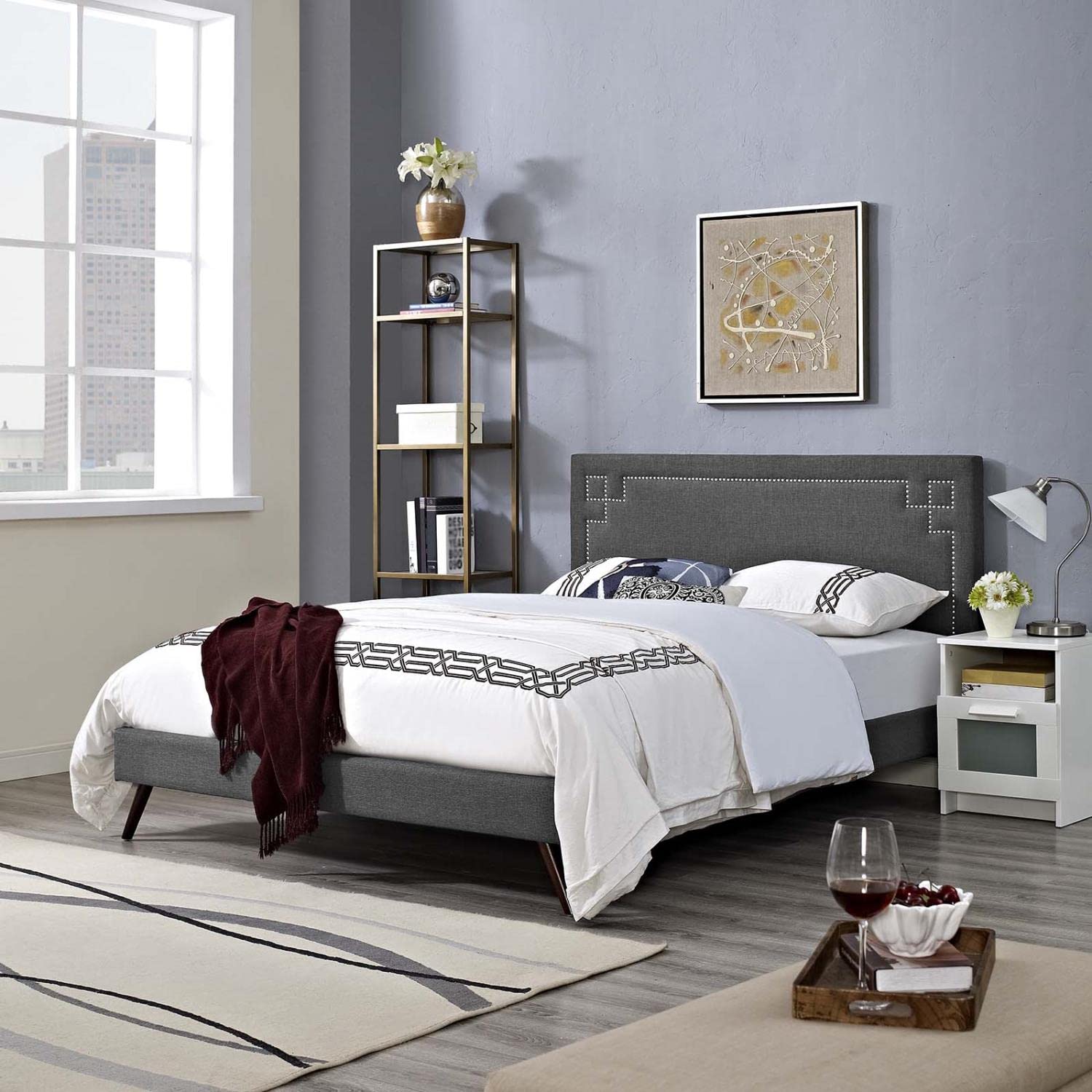 Bed | CasaFoyer Ruthie Platform Bed | Solid Wood Frame | Polyester Upholstery | Tapered Legs | Wooden Slat Support System | Gray | casafoyer.myshopify.com