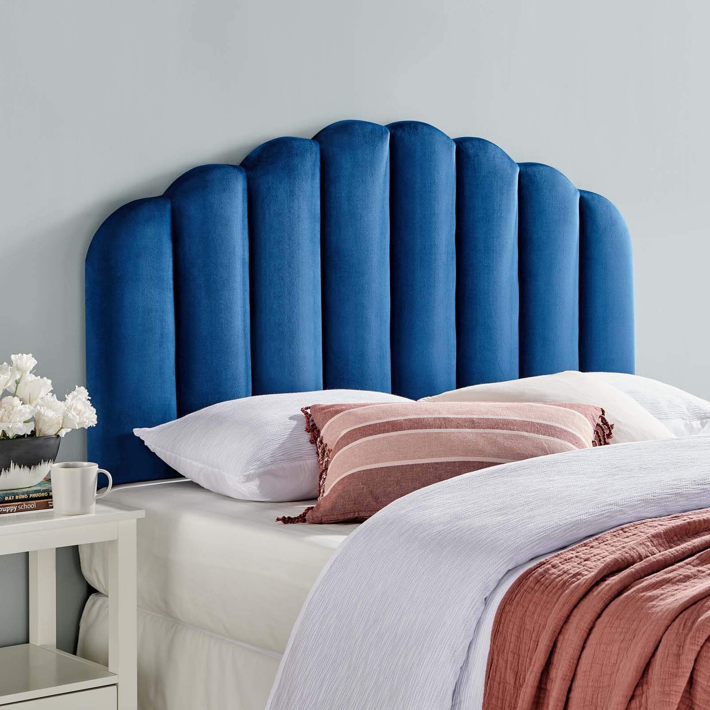 Bed | CasaFoyer Veronique Channel Tufted Scalloped Performance Velvet Upholstered Twin Headboard | Vintage Glamour | Dense Foam Padding | Stain-Resistant | Adjustable Mounting Positions | Navy | casafoyer.myshopify.com