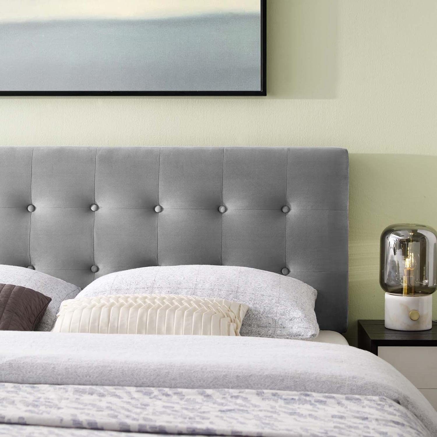 Bed | CasaFoyer Emily Performance Velvet Biscuit Tufted King Headboard | Timeless Charm | Modern Sophistication | Vintage Glamour | Stain-Resistant Velvet Upholstery | Adjustable Mounting Positions | Gray | casafoyer.myshopify.com