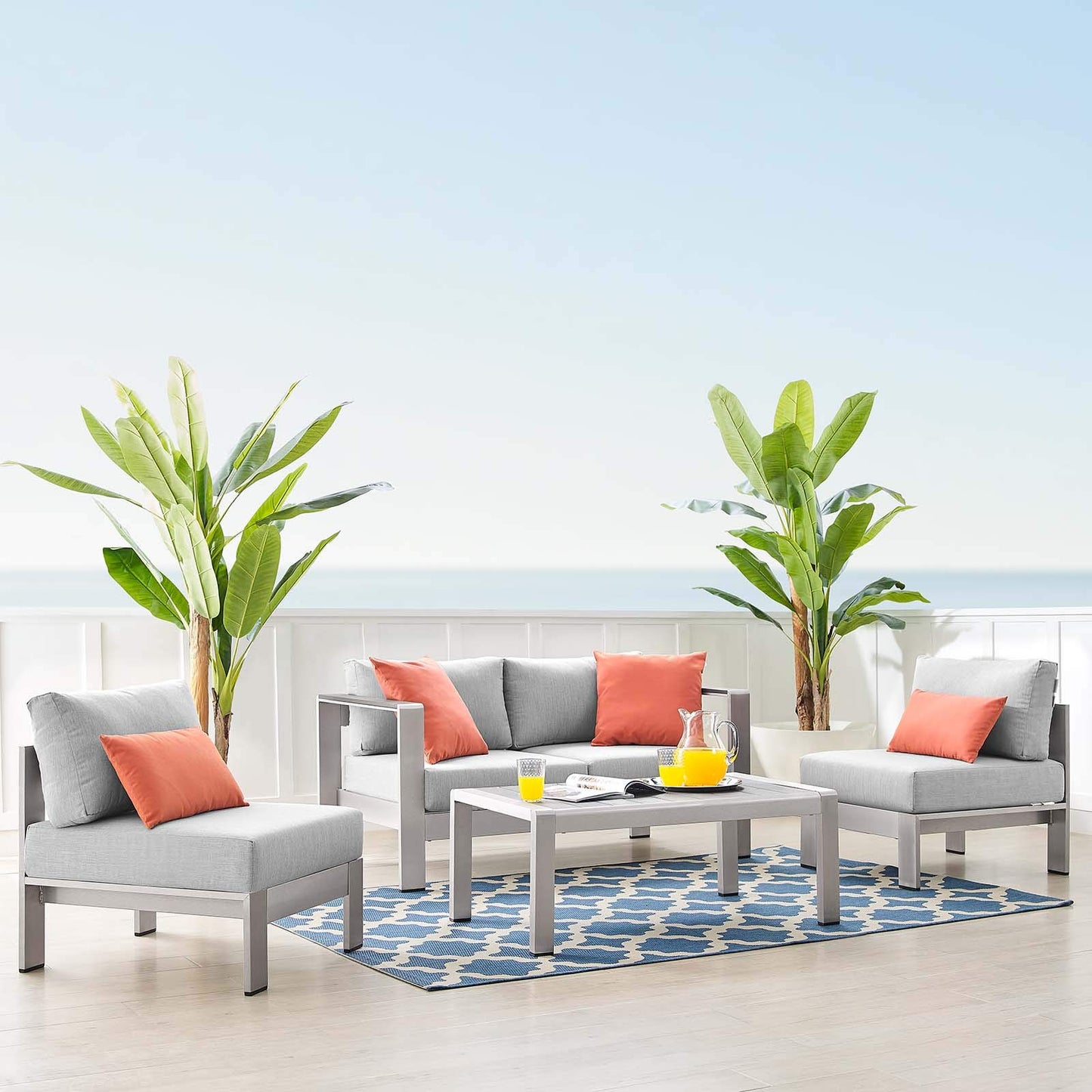 kitchen and dining room sets | CasaFoyer Shore Aluminum 4 Piece Outdoor Patio Furniture Set | Weatherproof | Sunbrella Cushions | Silver Gray | casafoyer.myshopify.com