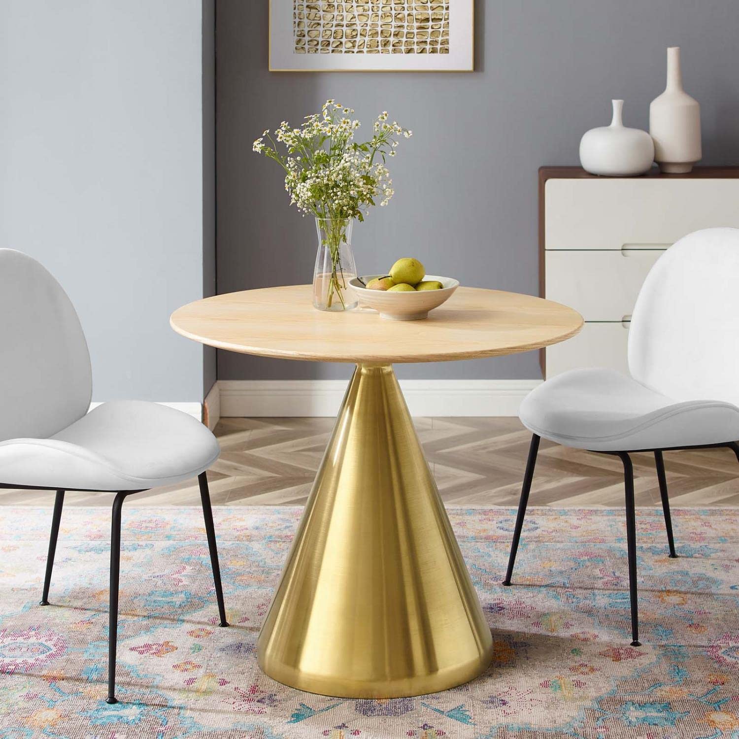 patio dining tables | CasaFoyer Tupelo 36 Dining Table | Modern Style | Mid-Century Influence | Polished Gold Metal Base | MDF & Wood Grain Veneer | Non-Marking Ring | Easy Assembly | casafoyer.myshopify.com