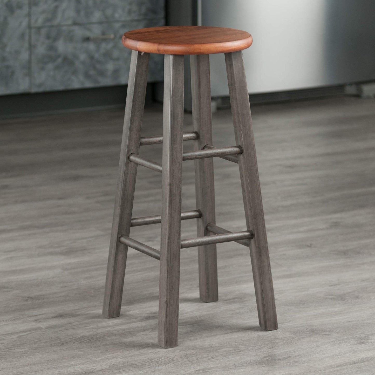 STOOL_SEATING | CasaFoyer  Wood Ivy Bar Stool | Rustic Teak & Gray | Farmhouse Charm | Solid Wood | High & Low Crossbars | 220lbs Capacity | No Assembly | casafoyer.myshopify.com