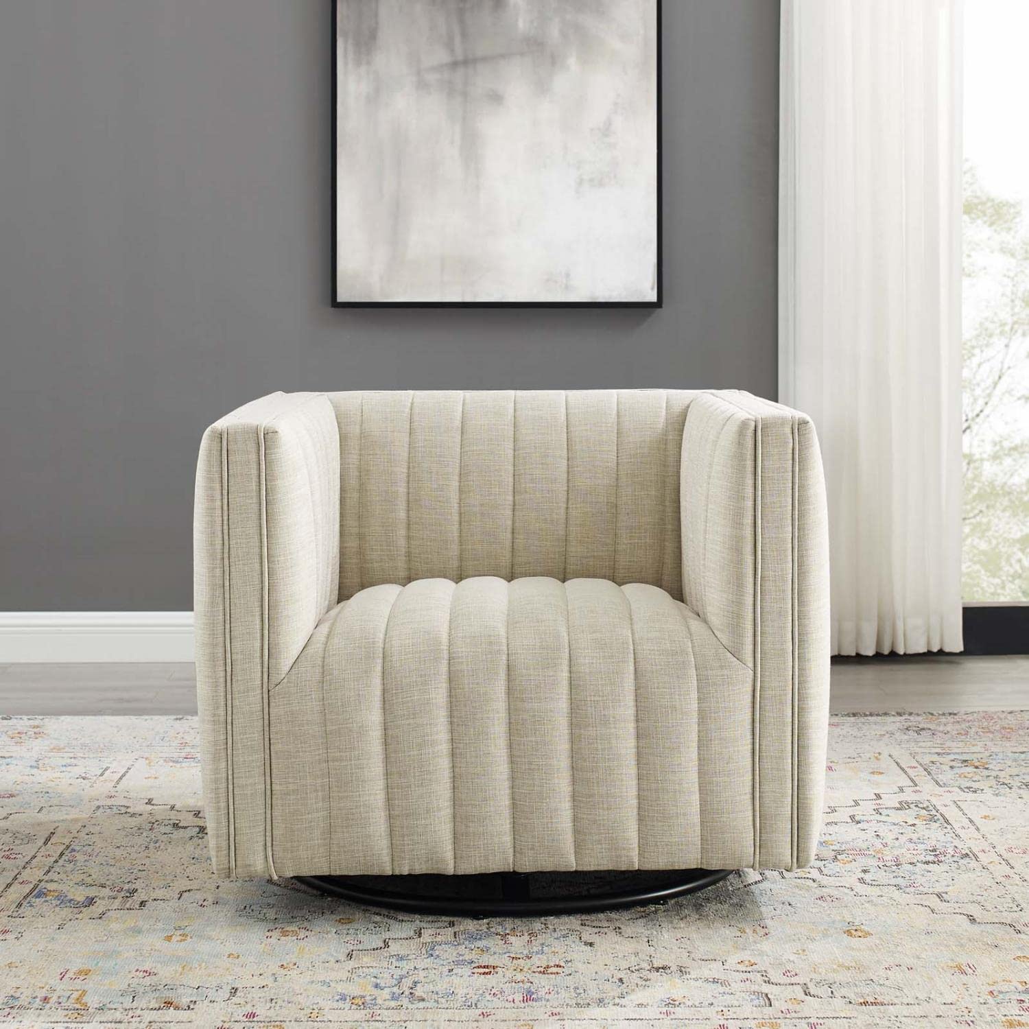 home office desk chairs | CasaFoyer Conjure Channel Tufted Fabric Upholstered Swivel Armchair | Luxurious & Stylish | Living Room, Lounge, Home Office | Retro Modern Design | Spring Coils, Dense Foam Padding | Rotating Base | 441 lbs Weight Capacity | Fully Assembled | Beige | casafoyer.myshopify.com