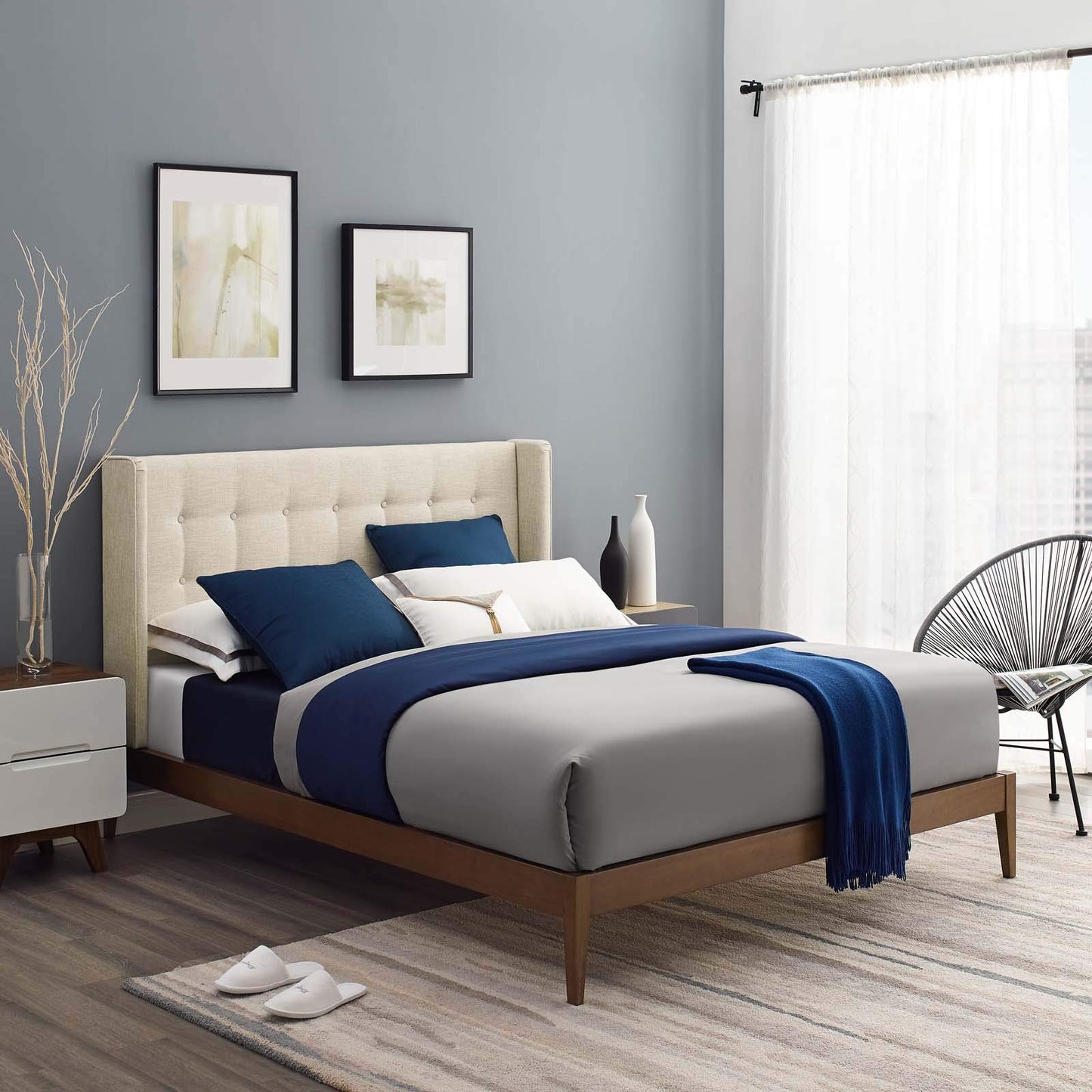 adjustable bed bases | CasaFoyer Hadley Queen Wingback Platform Bed | Mid-Century Modern Design | Biscuit Tufting | Plush Foam Padding | Durable Fabric Upholstery | Sturdy Splayed Legs | Wood Slat Support System | Farmhouse/Rustic/Modern Style | Beige | casafoyer.myshopify.com