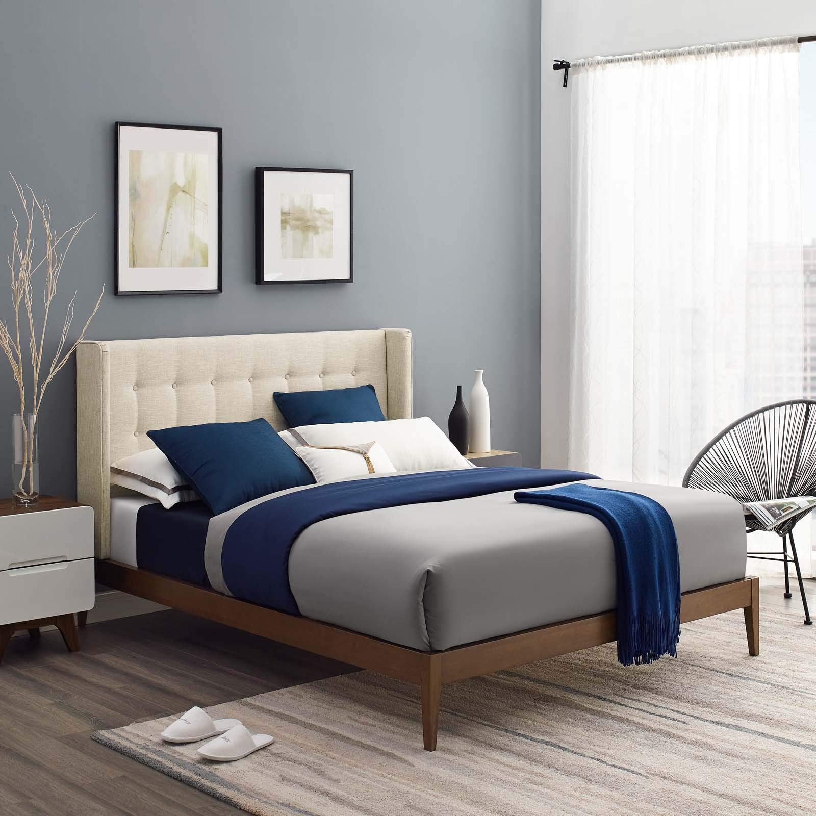 adjustable bed bases | CasaFoyer Hadley Queen Wingback Platform Bed | Mid-Century Modern Design | Biscuit Tufting | Plush Foam Padding | Durable Fabric Upholstery | Sturdy Splayed Legs | Wood Slat Support System | Farmhouse/Rustic/Modern Style | Beige | casafoyer.myshopify.com