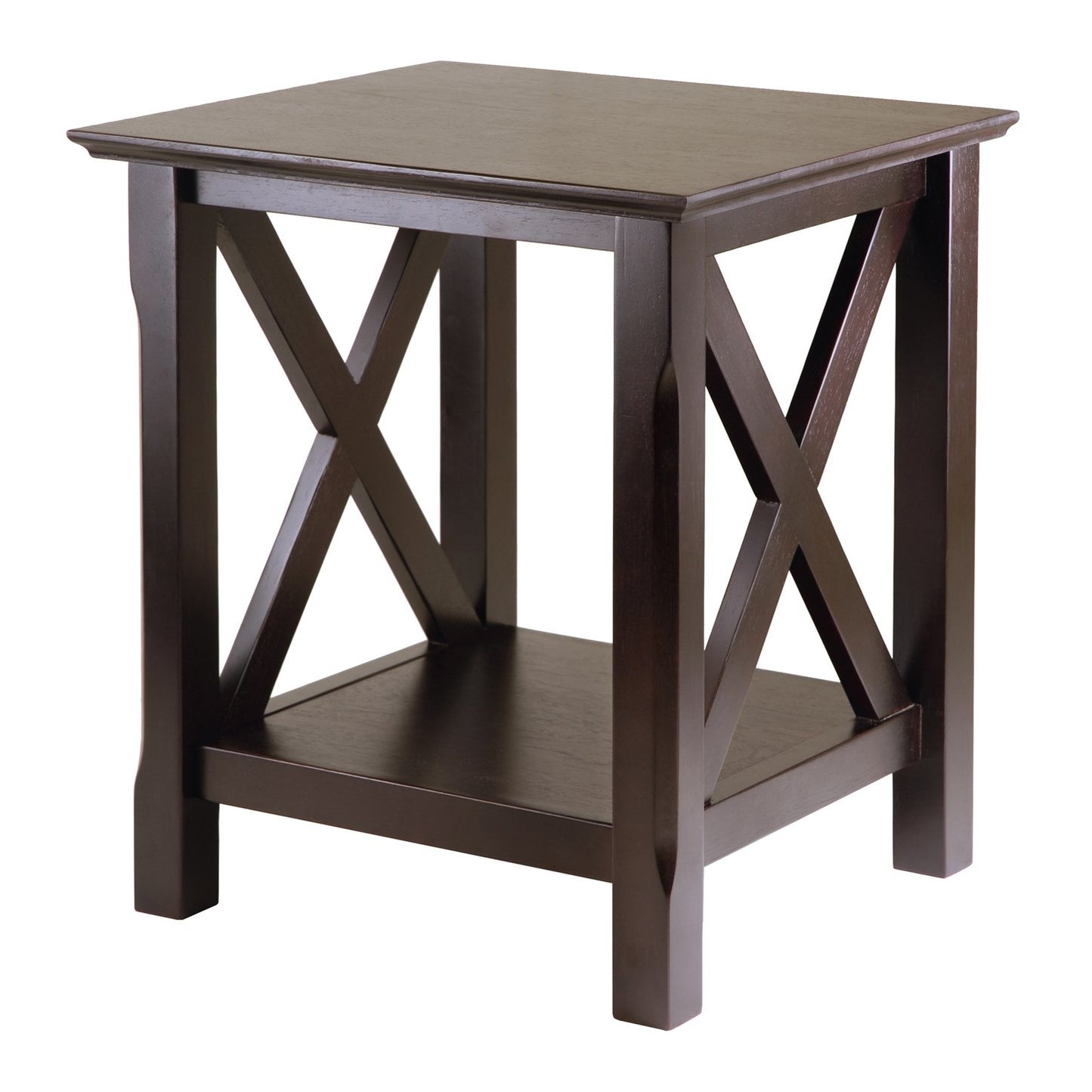 TABLE | Ergode Xola End Table | Stylish X Panel Design | 20W x 19.1D x 21.9H | Lower Shelf for Convenient Storage | Rich Cappuccino Finish | casafoyer.myshopify.com